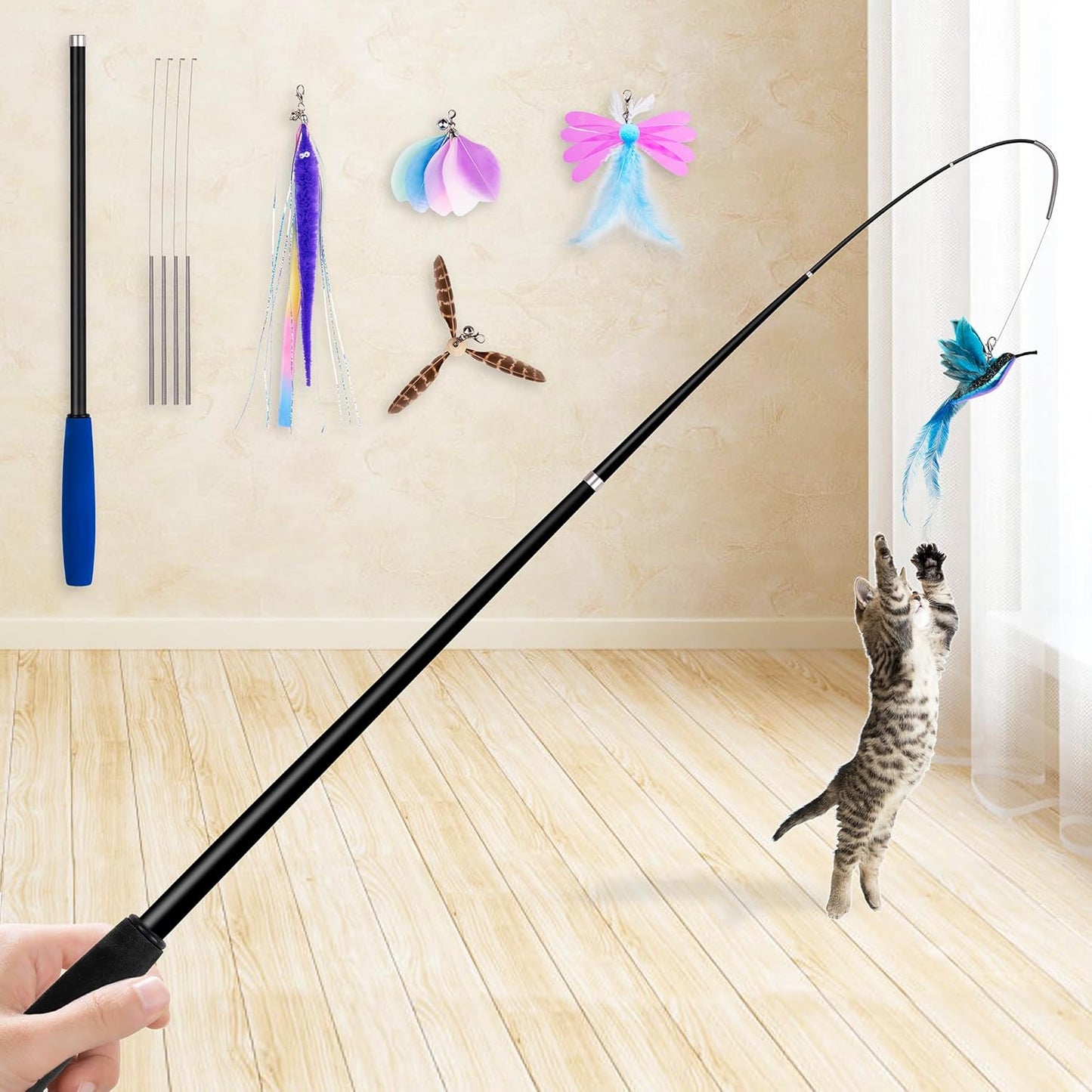 JXFUKAL 2025 Latest Cat Toys, 2 in 1 Spring Cat Wand Toy with 2PCS Ultra-Long Cat Teaser, 4PCS Spring Steel Wire & 5PCS Feather Refills for Kitty Kitten Indoor Cats Accessories