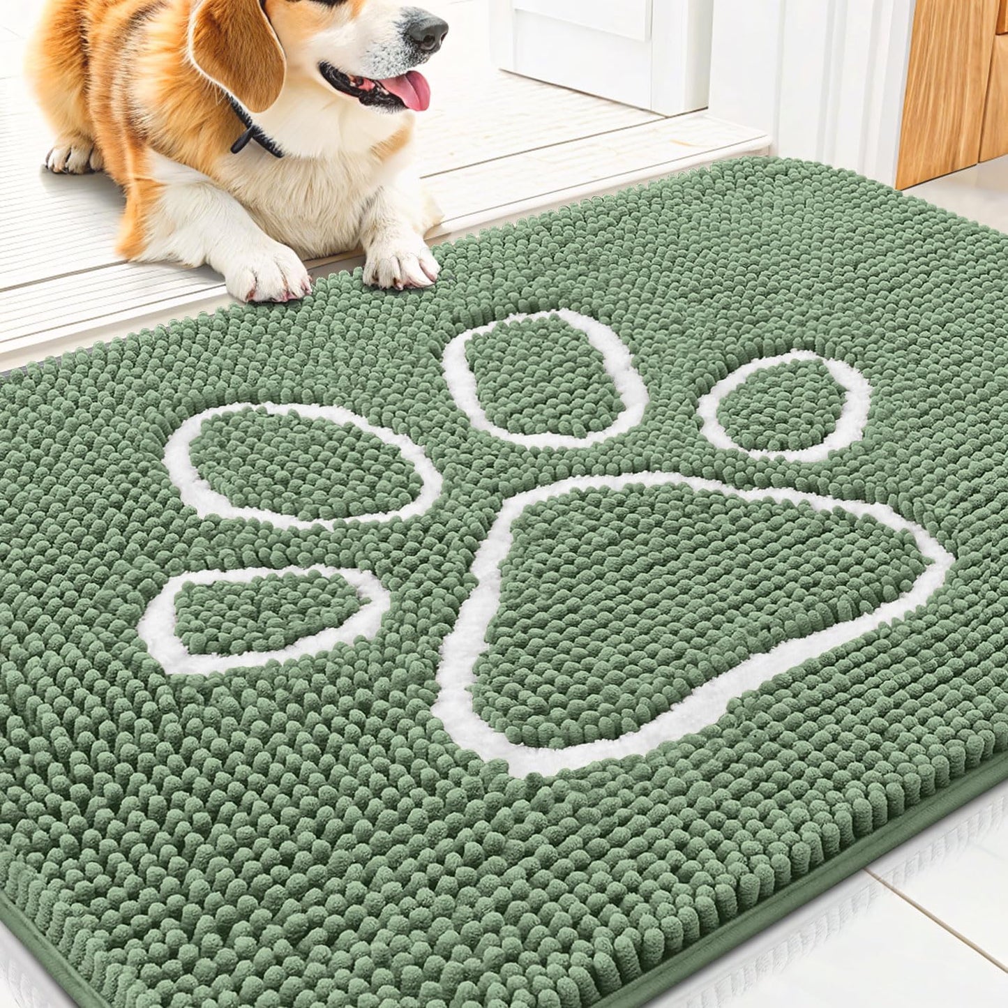 Smiry Dog Door Mat for Muddy Paws, Absorbent Dirt Trapper Non Slip Quick Dry Washable Chenille Mat for Mud Dogs, Entry Rug for Indoor and Outdoor (30x20 Inches, Olive Green and White)