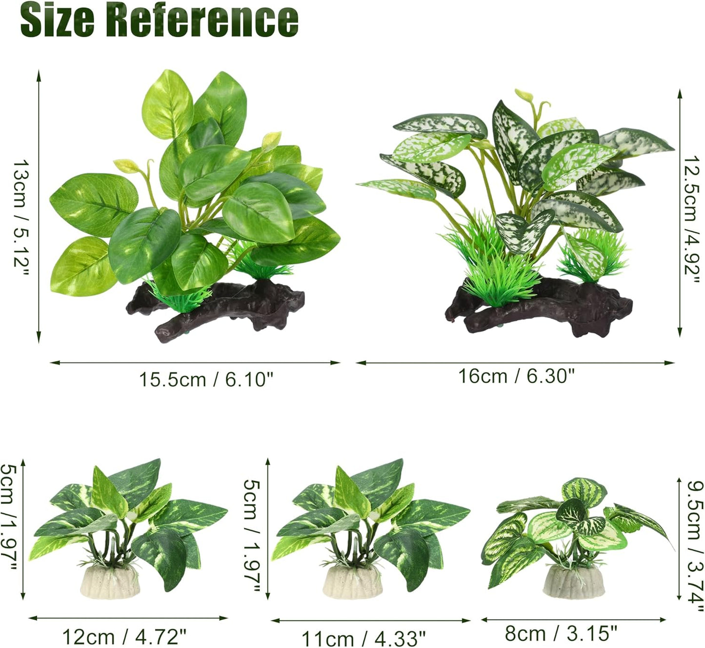 Aquarium Plastic Plants, Driftwood Betta Silk Plants, Silk Plants Aquarium Set Decor, Silk Aquarium Plants for Betta Fish (Green, 5pcs)