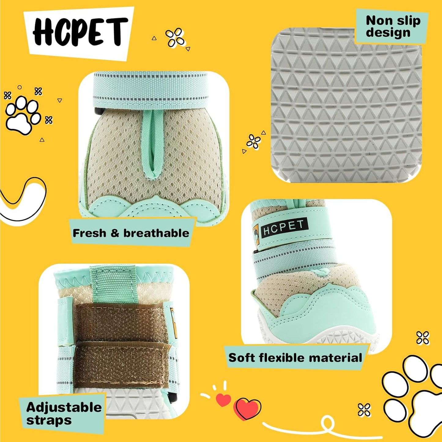 Hcpet Dog Shoes for Large Dogs, Breathable Dog Booties for Small Medium Dogs, Anti-Slip Dog Boots & Paw Protectors for Hot Pavement Winter Snow Hiking with Reflective Straps Green Size 5