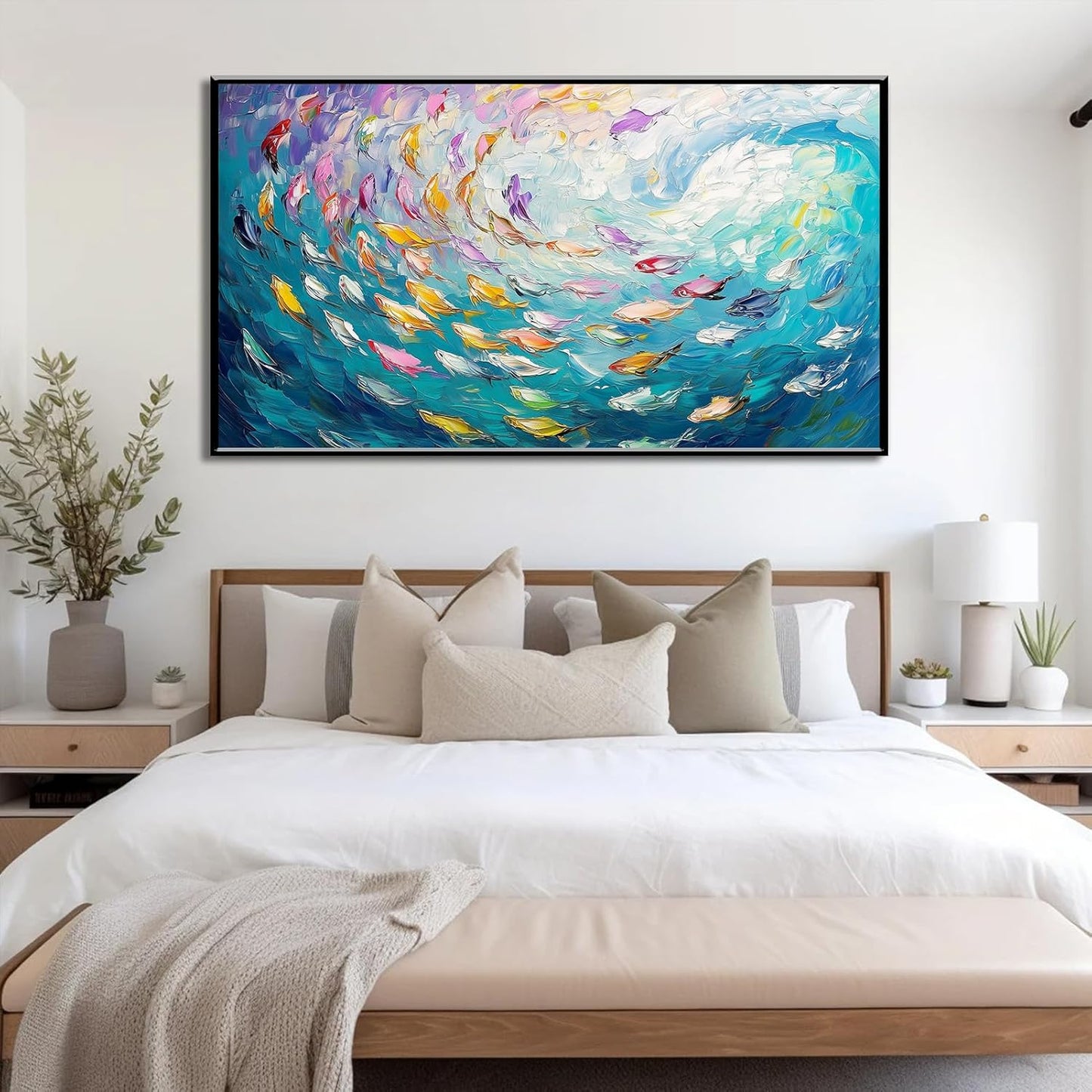 Fish Canvas Wall Art, Abstract School of Fish Canvas Wall Art, School of Fish Painting Canvas, School of Fish Wall Art, Fish Wall Decor, Fish Pictures Wall Decor, Bedroom Canvas Wall Decor (Black Framed, 48"x27" | 122x68cm)