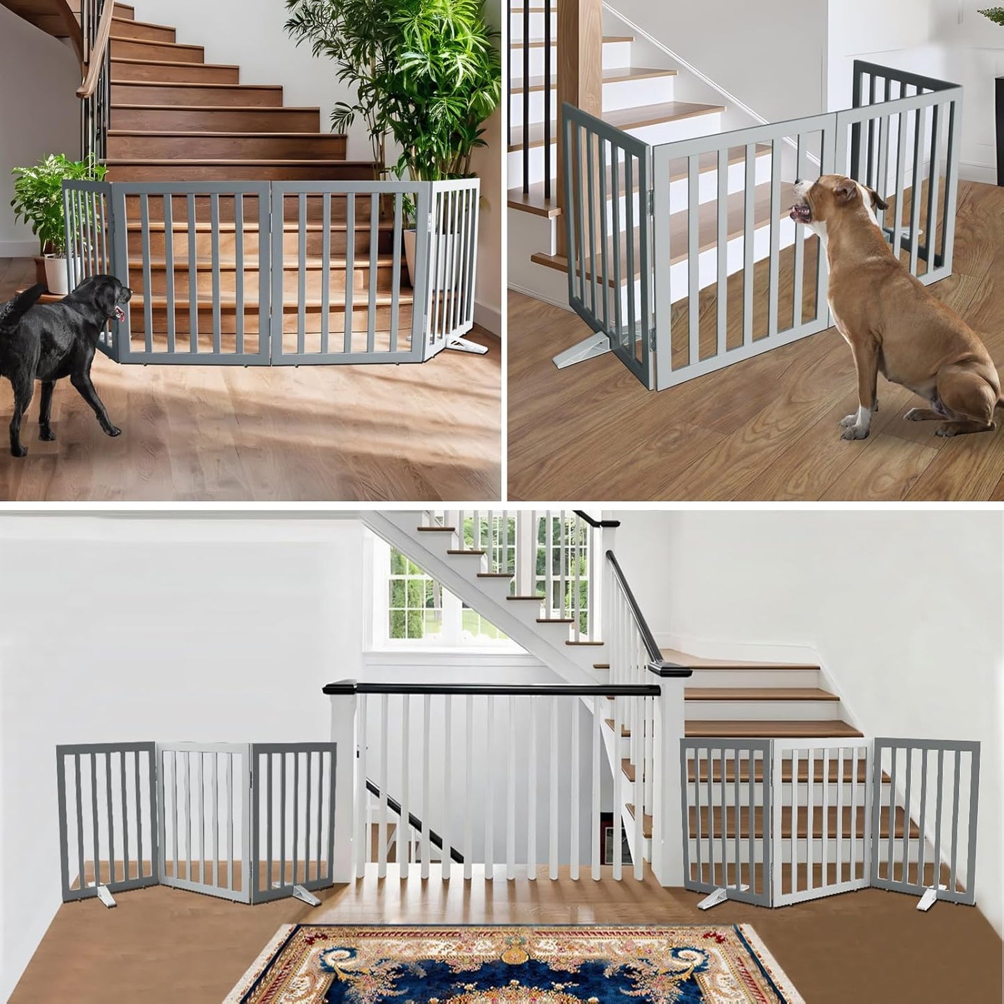 ZJSF Freestanding Indoor Dog Gate for House Foldable Wood Puppy Gate for Doorways Pet Gate for Stairs Extra Wide Pet Fence, Grey, 24" Height 6 Panels