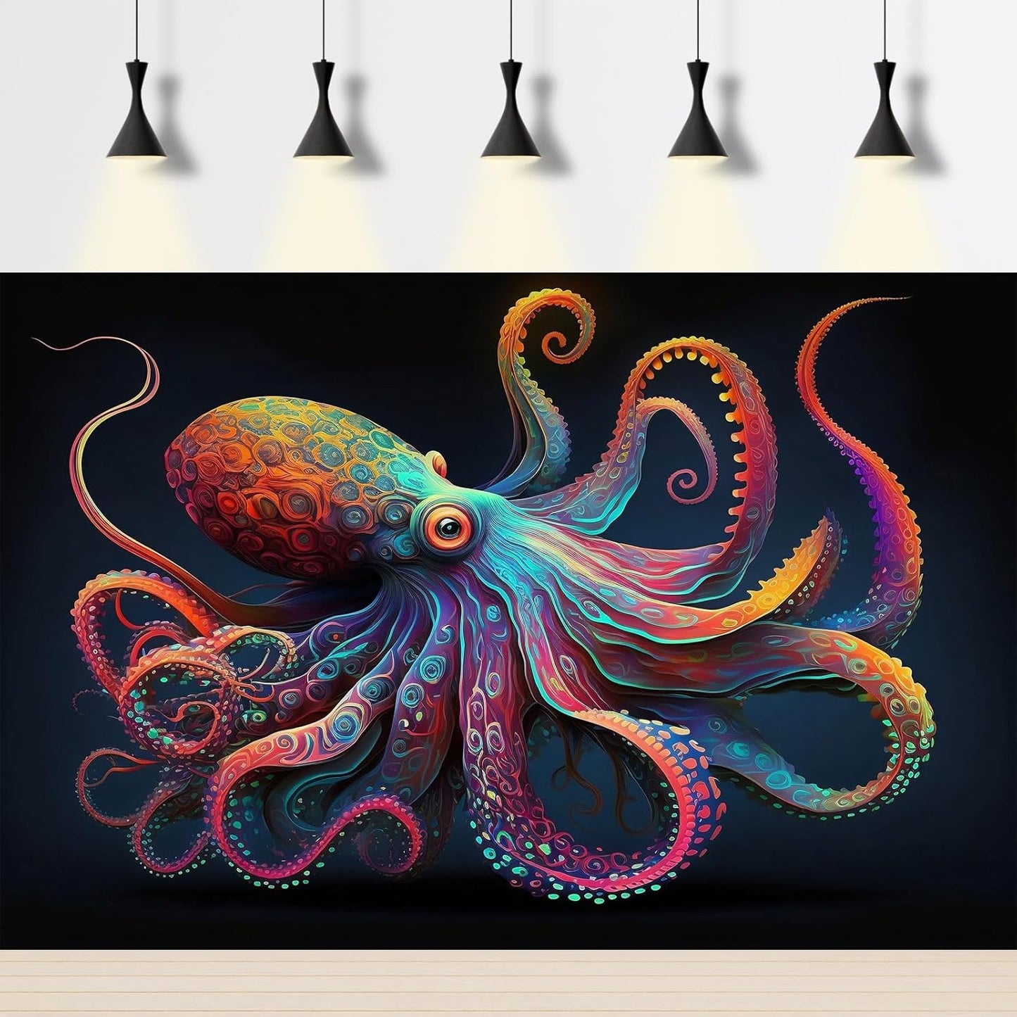Exquisite Octopus Aquarium Background Abstract Colorful Octopus Terrarium Background Glowing Octopus on Black Background Fish Tank Backdrop Octopus Backdrops Poster Wallpaper Decors Vinyl 24x16in
