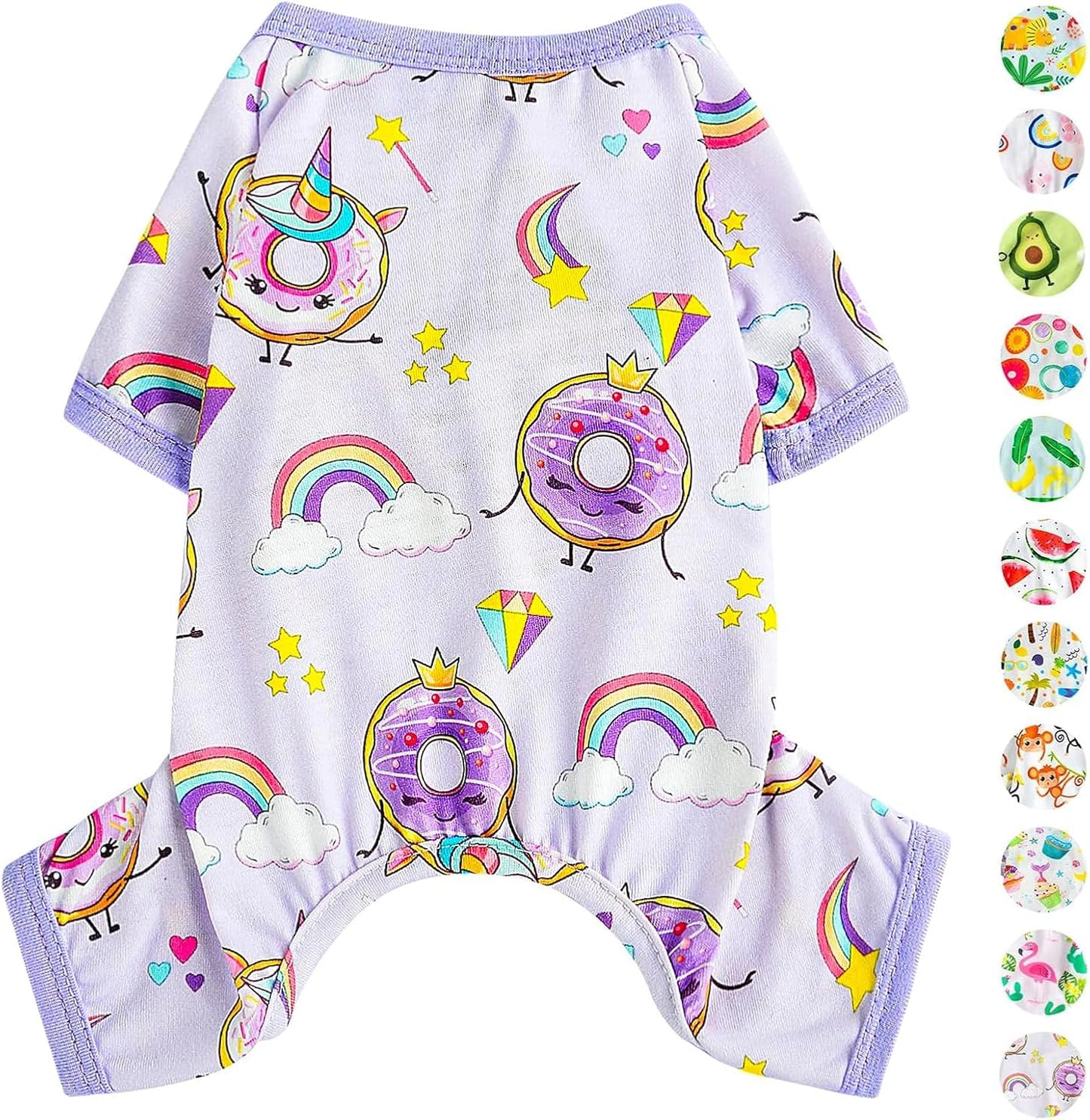 Small Dog Clothes Girl Funny Donut Dog Pajamas Pjs, Summer Lightweight Stretchy Pet Jumpsuit, Fall Dog Onesies Outfits, Purple, XS