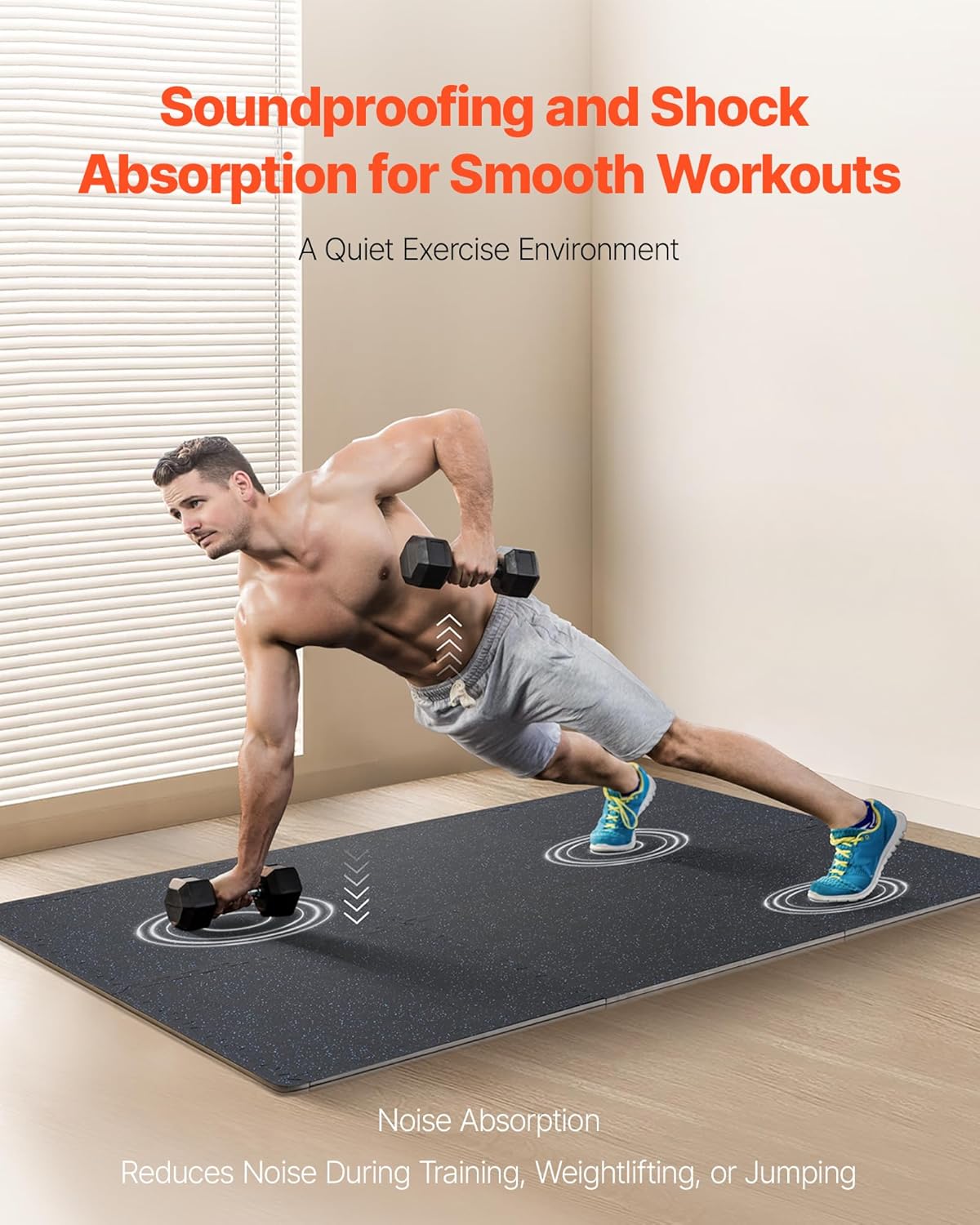 VEVOR 0.56 Inch Thick Gym Floor Tiles, 6 Tiles Rubber Top with EVA Foam, 25" x 25" Gym Flooring Workout Mats with 25 sq.ft Coverage, Interlocking Puzzle Gym Mats for Gym, Home, Garage, Black & Blue