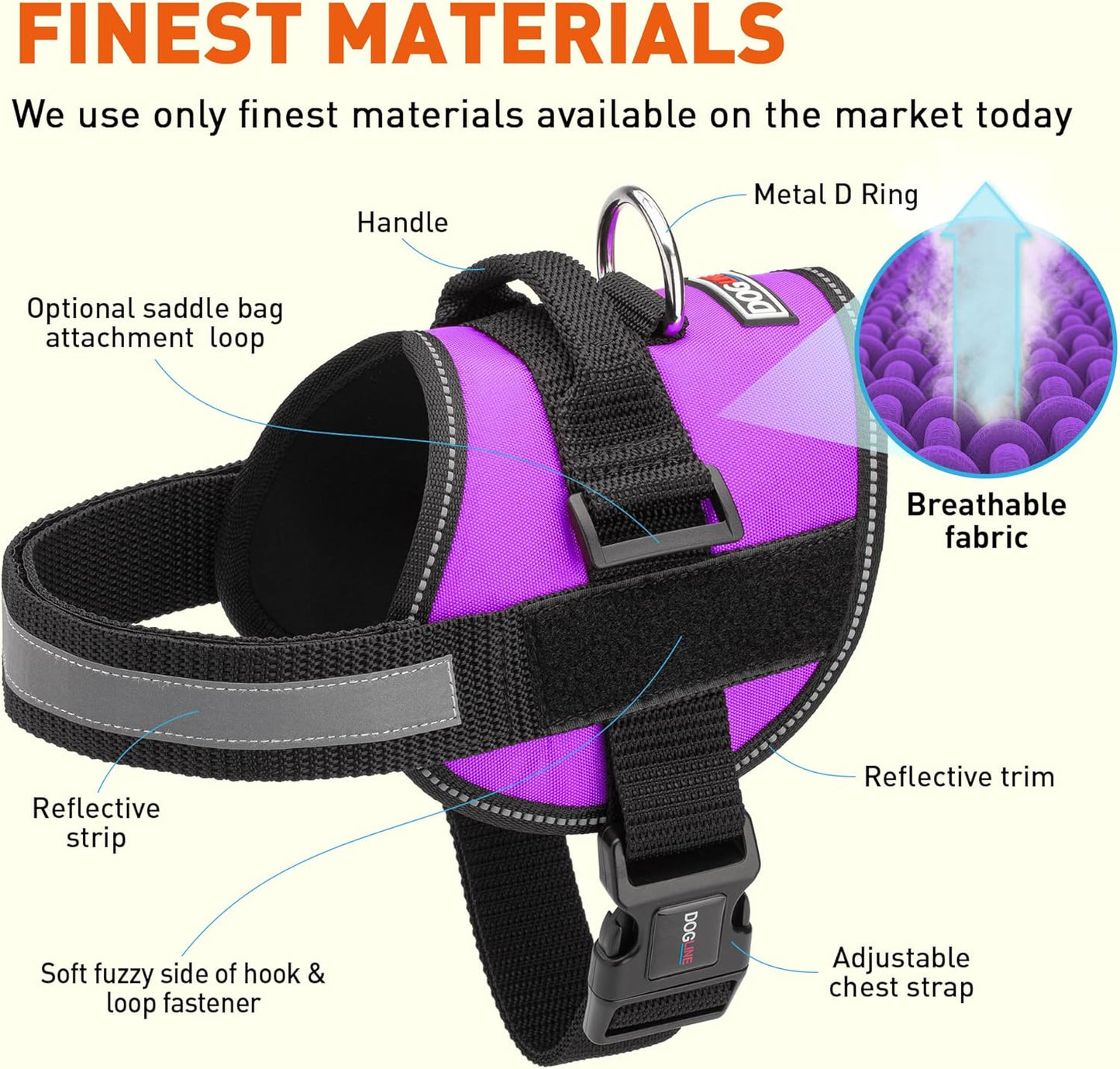 Dogline Dog Harness, Reflective No-Pull Adjustable Vest with Handle for Walking, Training, Breathable, No - Choke Harness for Small, Medium or Large Dogs Room for Patches Girth 15 to 18 in Purple