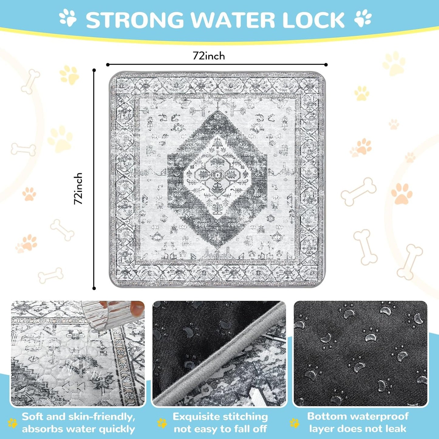 Lahome Extra-Large Washable Dog Pee Pads (72"x72") - Super Absorbent & Waterproof - Leakproof Reusable Mat for Playpens, Beds & Whelping, Convenient Cleanup,Gray