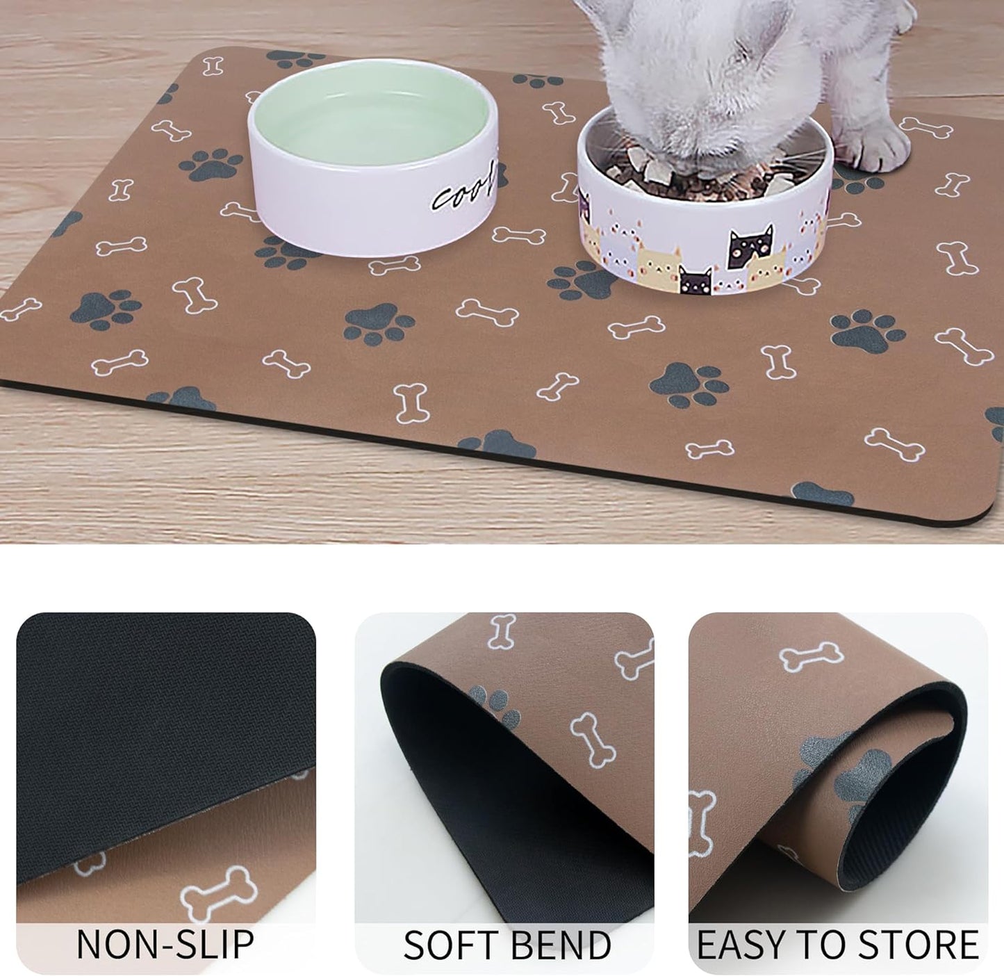 Pet Cat Dog Food Mat Non Slip Mat for Dog Water Bowl Mat Quick Dry Absorbent Cat Feeding Mat, 18.1 * 11.8 in, Brown