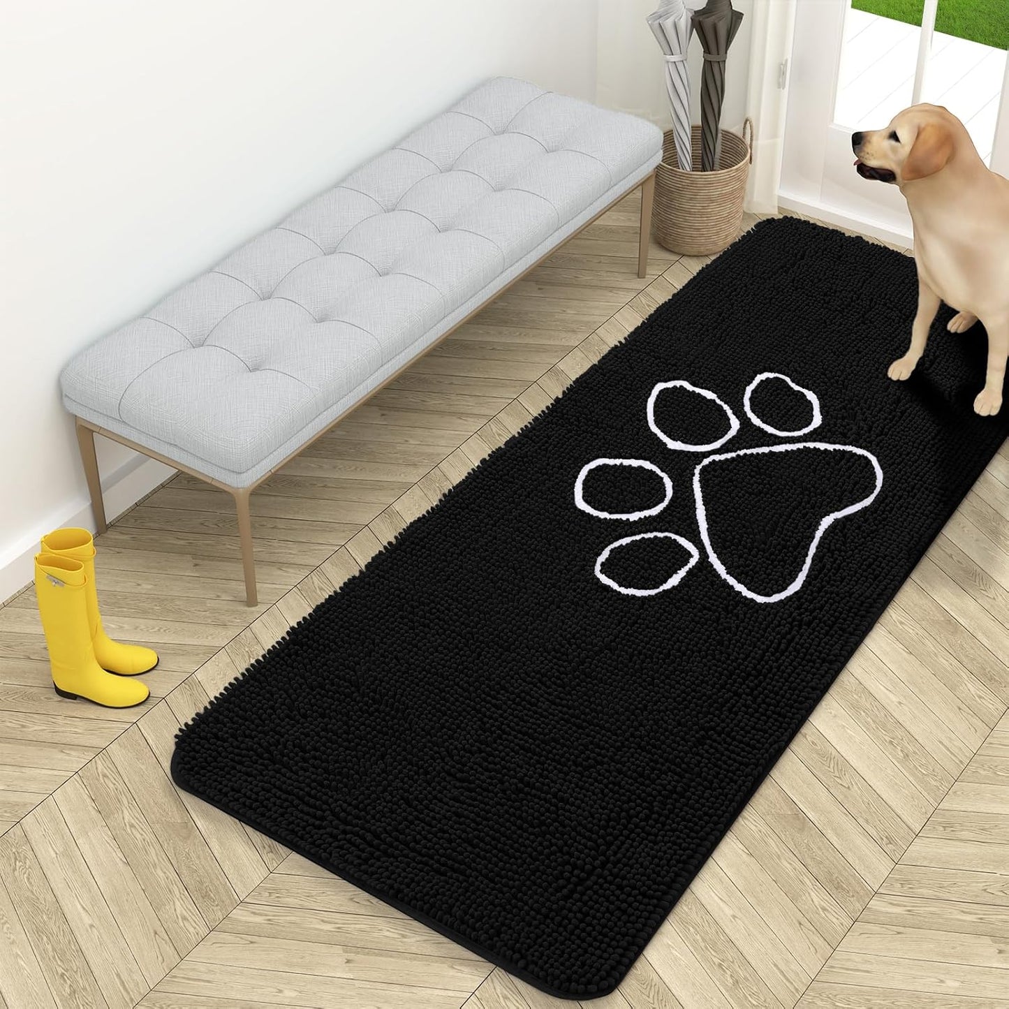 OLANLY Door Mat for Muddy Dog Paws 59x24, Ultra Absorbent Chenille Mud Doormat with Paw Print Design, Non-Slip Washable Doormat for Indoor Entryway, Quick-Dry Pet Bed Mats for Dirty Dogs, Black