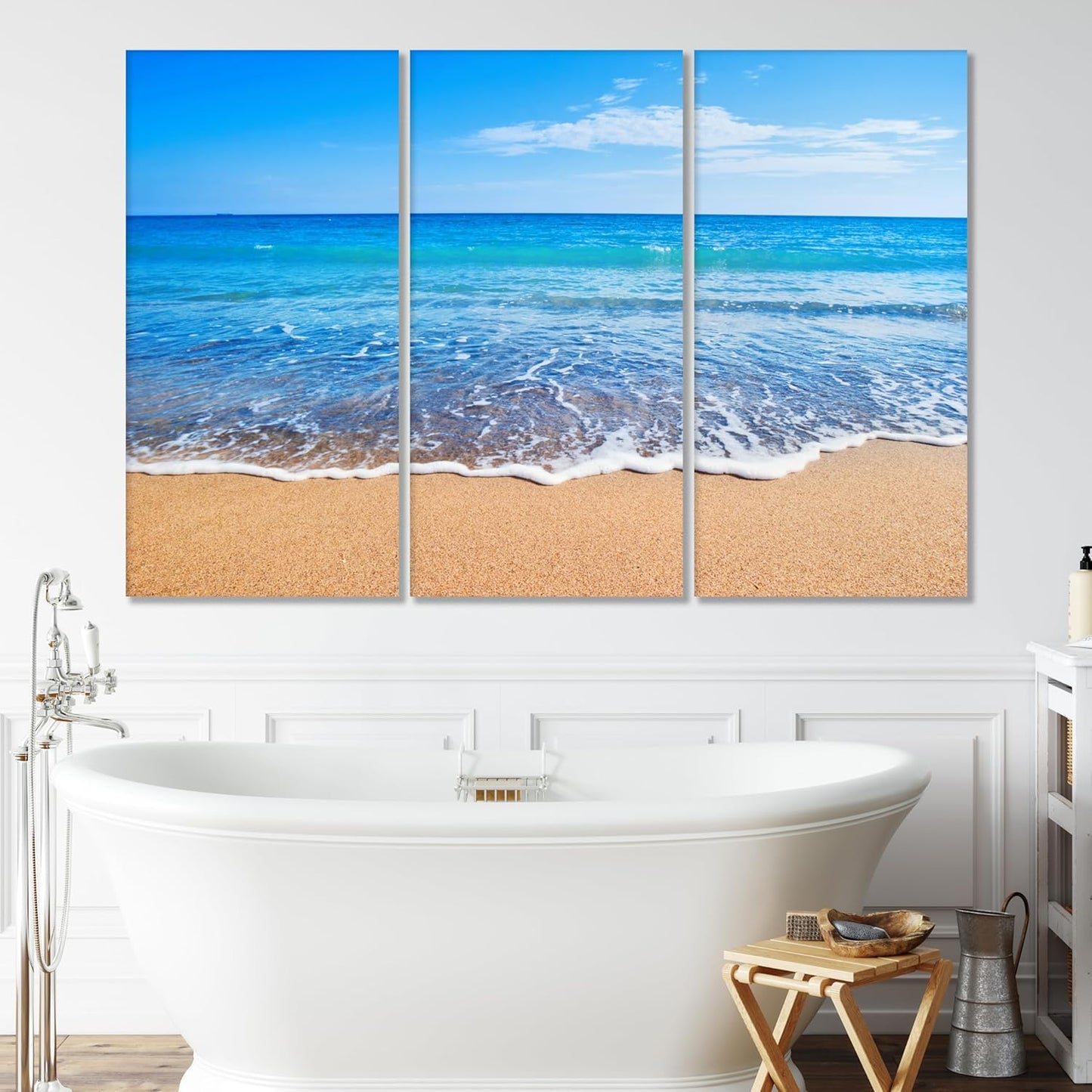 Nature Wall Art Prints - Ocean Forest Mountain Lake Canvas Landscapes - Small to Extra Large Living Room Bedroom Kitchen Bathroom Décor (Sandy Ocean Beach, 31L" x 47W" - 3 Panels)