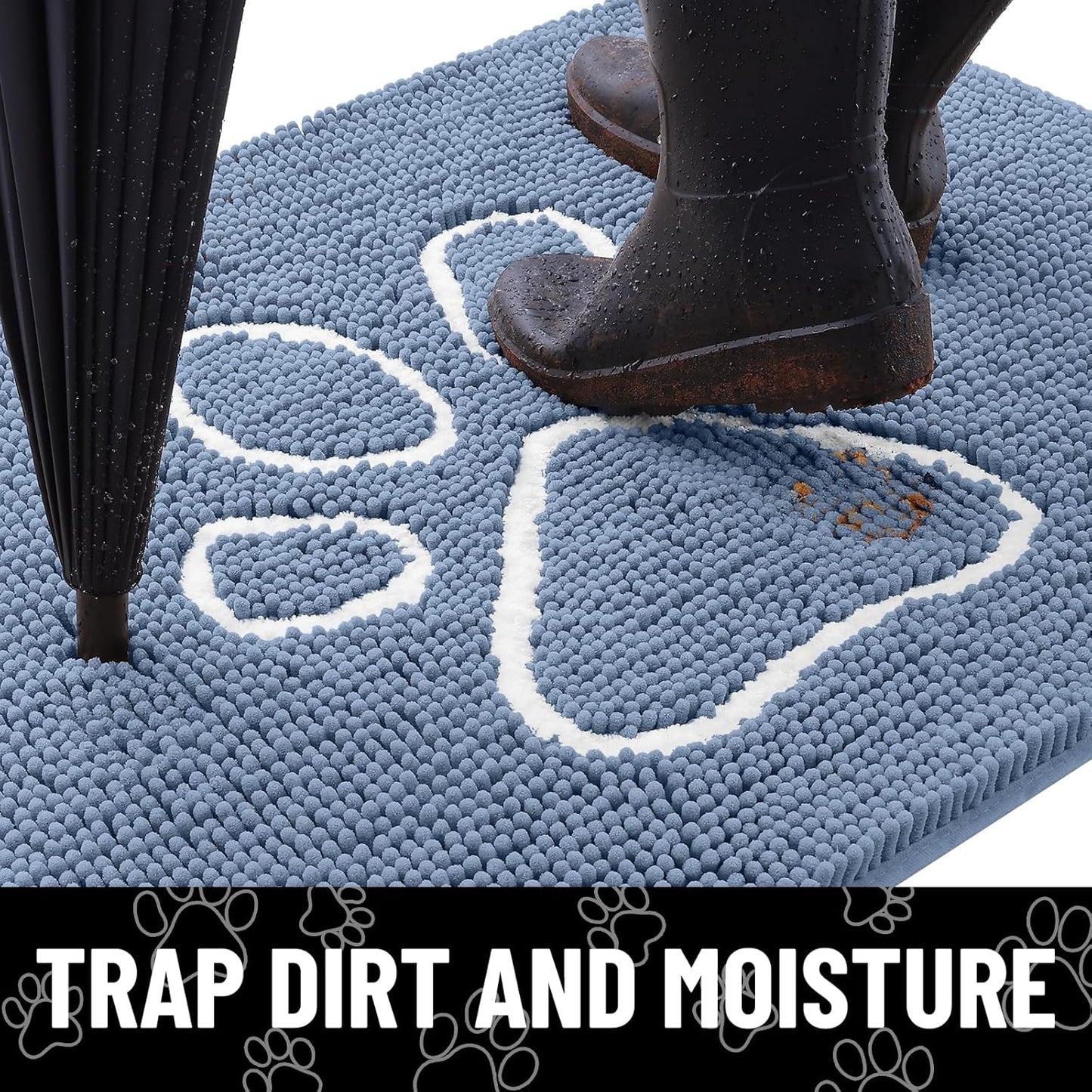 Smiry Dog Door Mat for Muddy Paws, Absorbent Dirt Trapper Non Slip Quick Dry Washable Chenille Mat for Mud Dogs, Entry Rug for Indoor and Outdoor (36x24 Inches, Airy Blue and White)