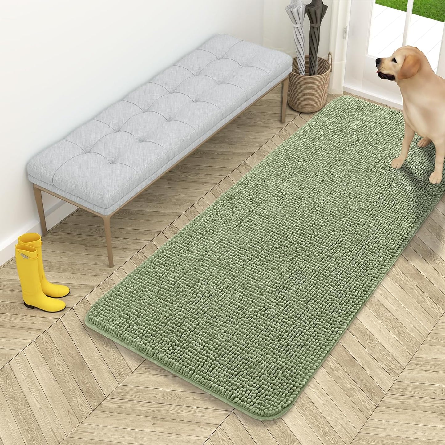 OLANLY Dog Door Mat for Muddy Paws 54x24, Absorbs Moisture and Dirt, Absorbent Non-Slip Washable Doormat, Quick Dry Chenille Mud Mat for Dogs, Entry Indoor Entryway Carpet for Inside Floor, Sage Green