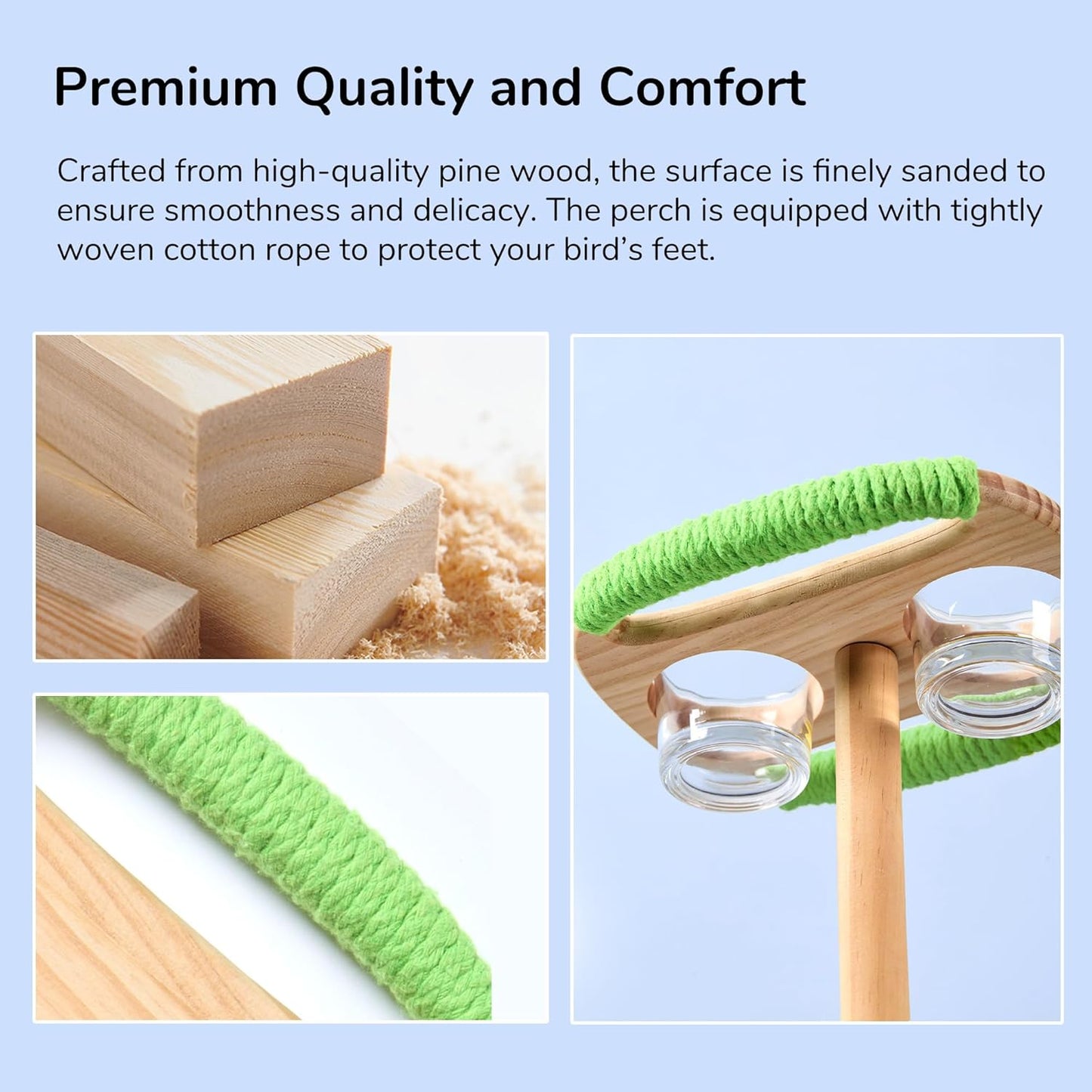 Bird Feeder & Perch – Includes Cotton Rope Perch and 2 Glass Feeding Cups – Cage Accessory for Cockatiels, Budgies, Lovebirds, Conures, Canaries, Finches, and Small Parrots