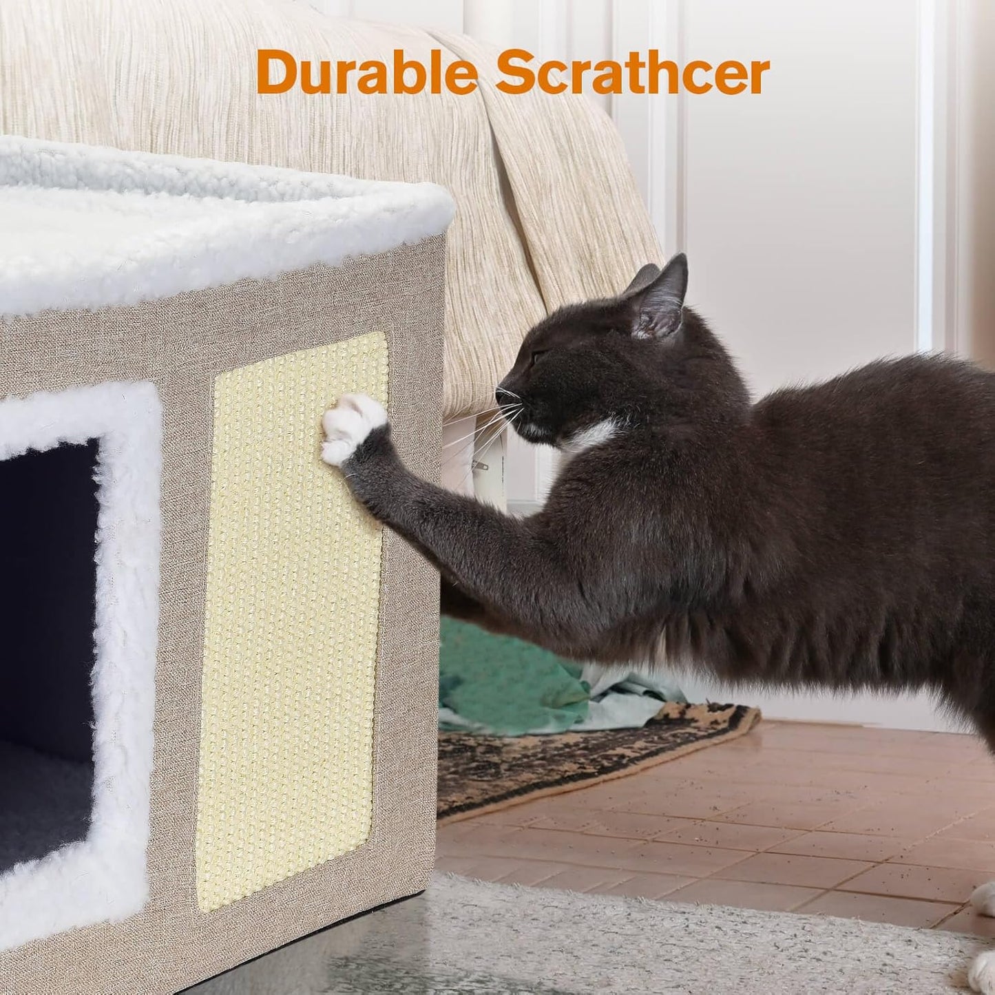 petizer Cat Bed for Indoor Cats, Large Covered Cat House with Scratch Pad, Foldable Cat Cave Bed & Hideaway Cube with Reversible Cushions, Cute Cat Condo for Multi Small Pet Kitten (Khaki)