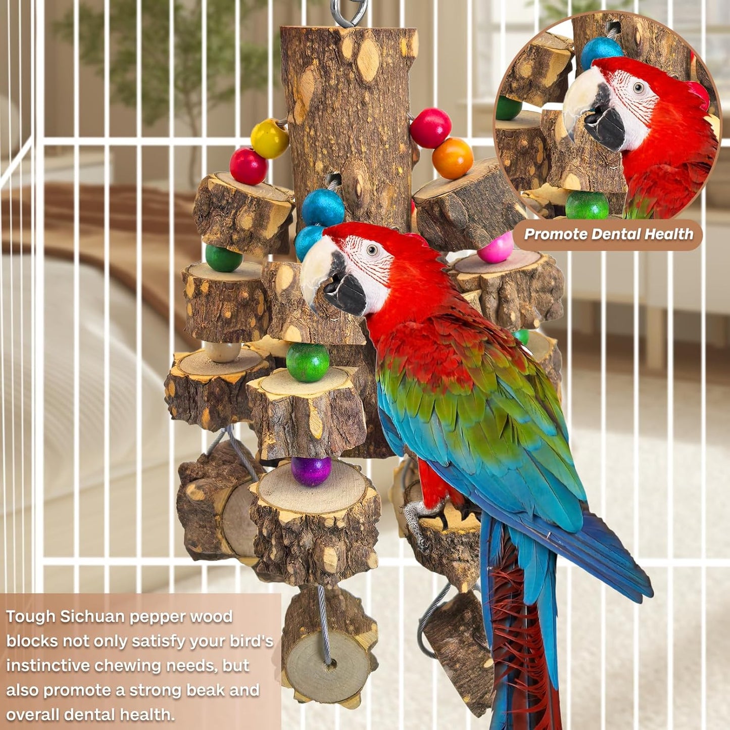 PINVNBY Large Bird Parrot Toys, Natural Wooden Blocks Chew Toy, Durable Cage Bite for African Grey Cockatoo Macaws Cockatiels Eclectus Large Medium Parrots (Small Size, Wire Link)