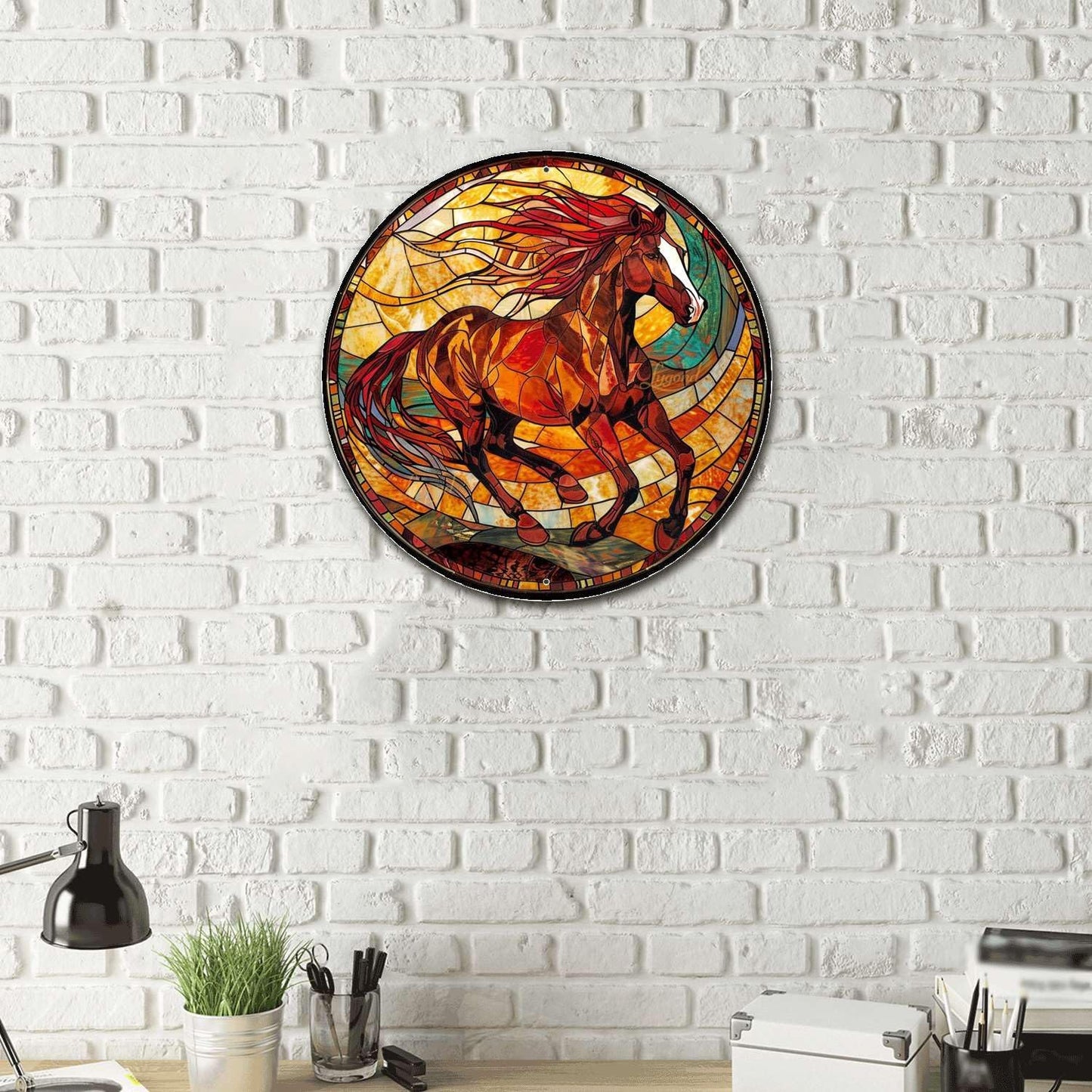 Lygond Metal Sign Tin Sign Circular Stained Glass American Mustang Garden Tin Sign for Gift 8×8 Inches