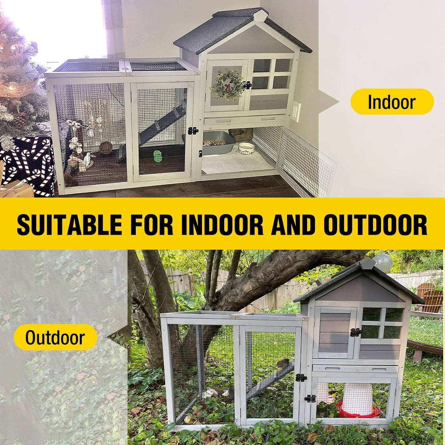 Aivituvin Rabbit Hutch Indoor Bunny Cage Outdoor with Run Chicken Coop Guinea Pig House with Waterproof Asphalt Roof,No Leakage Pull Out Tray (103.2" L x 25.2" W x 36.2" H, Grey-2 Sets)