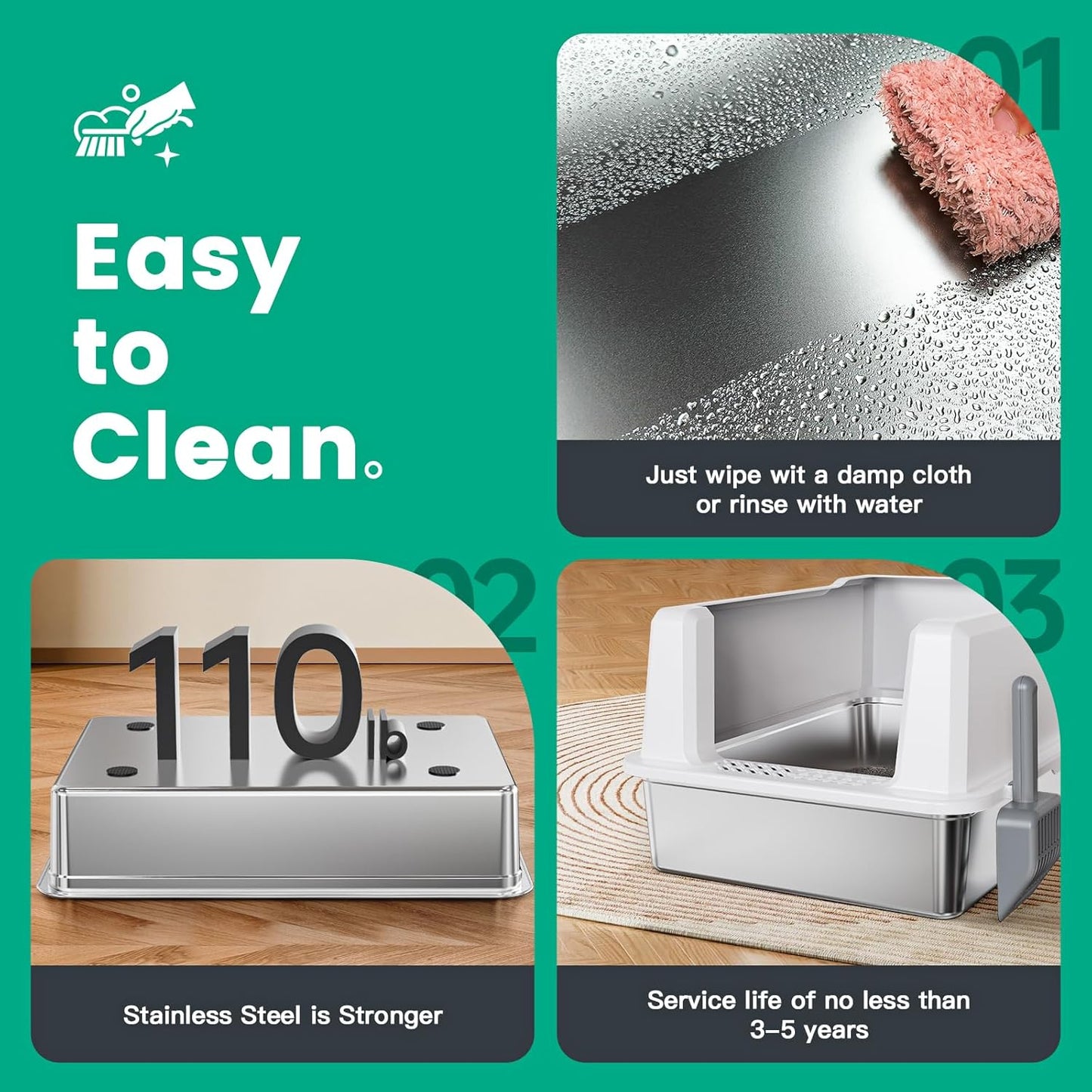 Tripamin XXL Stainless Steel Litter Box with High Sides 28"x20.5"x14" Extra Large Metal Litter Box for Big Cats&Multiple cat, Jumbo Top Entry Litter Pan with lid (White, XXX-Large)