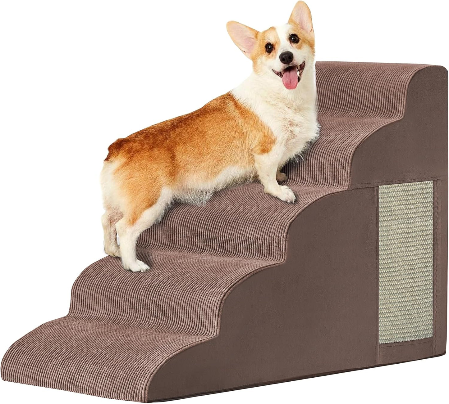 Pet Stairs, Dog Stairs for Small Dogs, Dogs Steps, 5-Step Curved Dog Ramp for Bed, Couch, Sofa, Car and Chair, Non-Slip Bottom Design, Cat Scratching Board, High Density Foam Portable Pet Step, Coffee