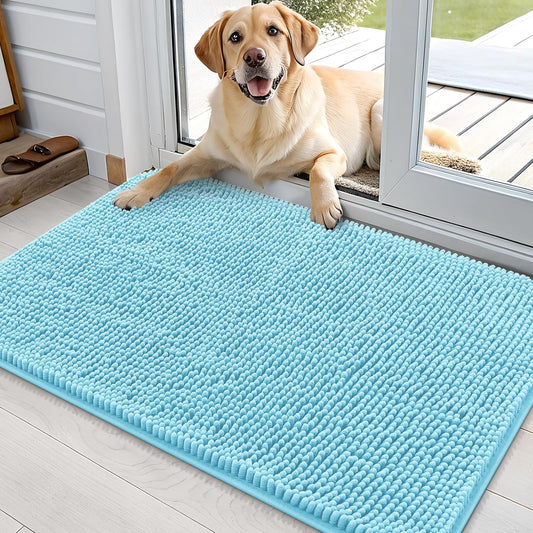 OLANLY Dog Door Mat for Muddy Paws 36x24, Absorbs Moisture and Dirt, Absorbent Non-Slip Washable Doormat, Quick Dry Chenille Mud Mat for Dogs, Entry Indoor Entryway Carpet for Inside Floor, Blue