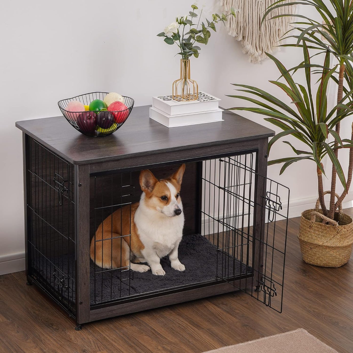 DWANTON Dog Crate Furniture with Cushion, Wooden Kennel Table with Double Doors, Indoor Dog House, Medium Size, 32.5" L, Dark Gray