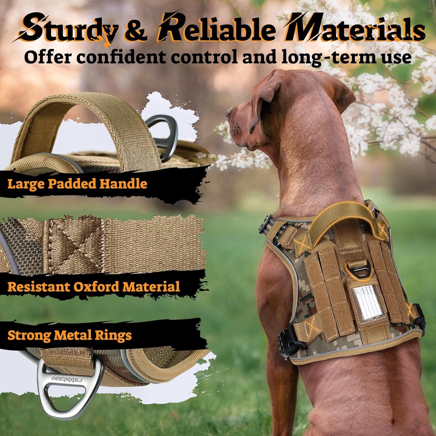 rabbitgoo Dog Harness Medium Sized No Pull, Tactical Service Pet Vest with Molle and Control Handle, Adjustable and Reflective Military Harness for Easy Walking and Training, Desert camo, M