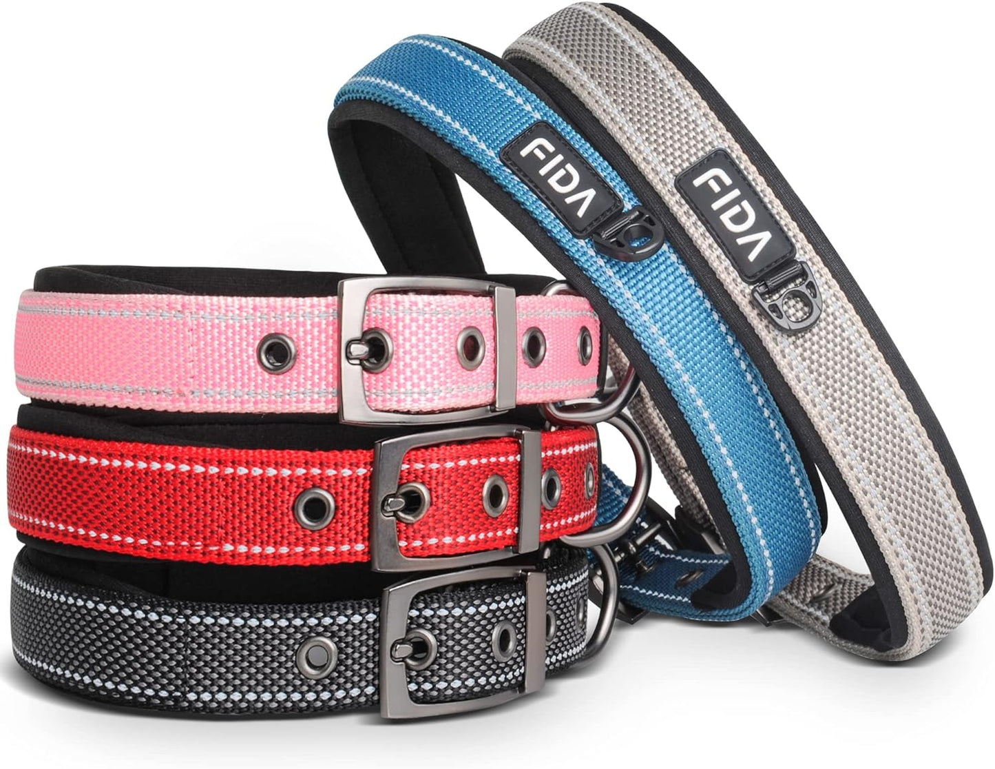Fida Heavy Duty Dog Collar, Ultra Comfortable Soft Neoprene Padded, Adjustable Reflective Nylon Pet Collar with Durable Metal Belt Buckle for Medium Breeds (M, Black)