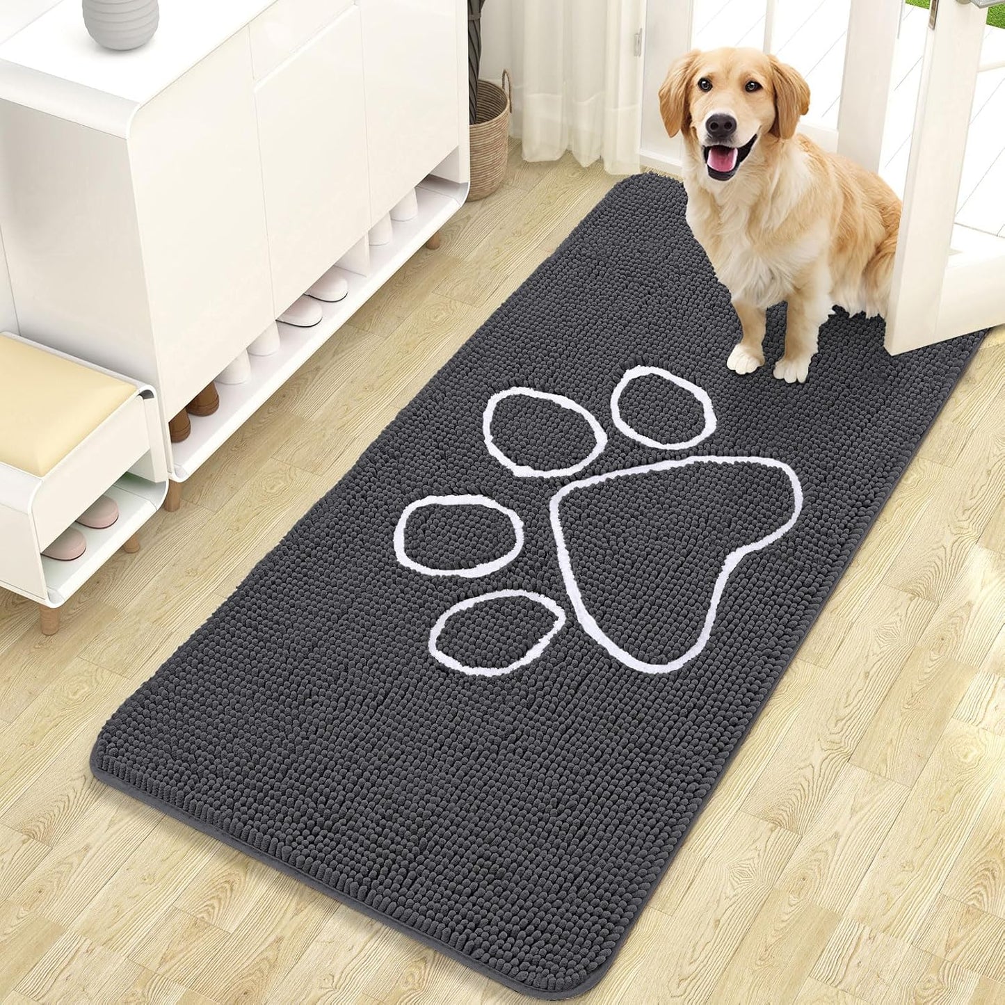 OLANLY Door Mat for Muddy Dog Paws 47x24, Ultra Absorbent Chenille Mud Doormat with Paw Print Design, Non-Slip Washable Doormat for Indoor Entryway, Quick-Dry Pet Bed Mats for Dirty Dogs, Dark Grey