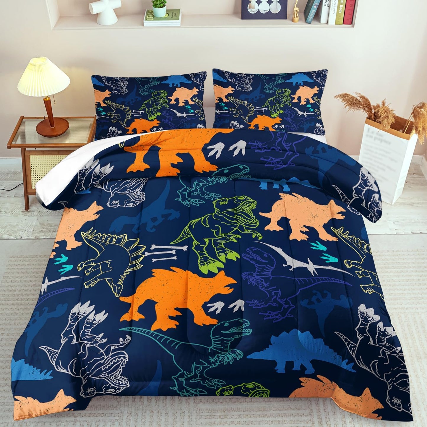 Blue Dinosaur Comforter Set Queen Boys,Cute Dinosaur Bedding Set Queen for Kids,Kawaii Dragon Comforter Blue Bedroom Decor,Cute Animal Bedding Kawaii Animal Quilt Boys