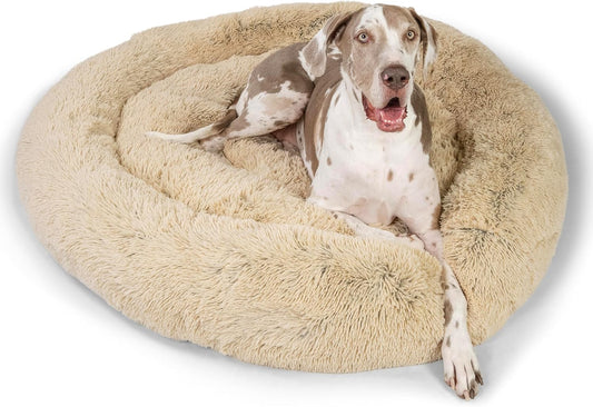 Best Friends by Sheri Original Calming Donut Dog and Cat Bed, Shag Faux Fur,Taupe, XXL (54in x 54in) - Anxiety Relief for Pets Up to 210 lbs
