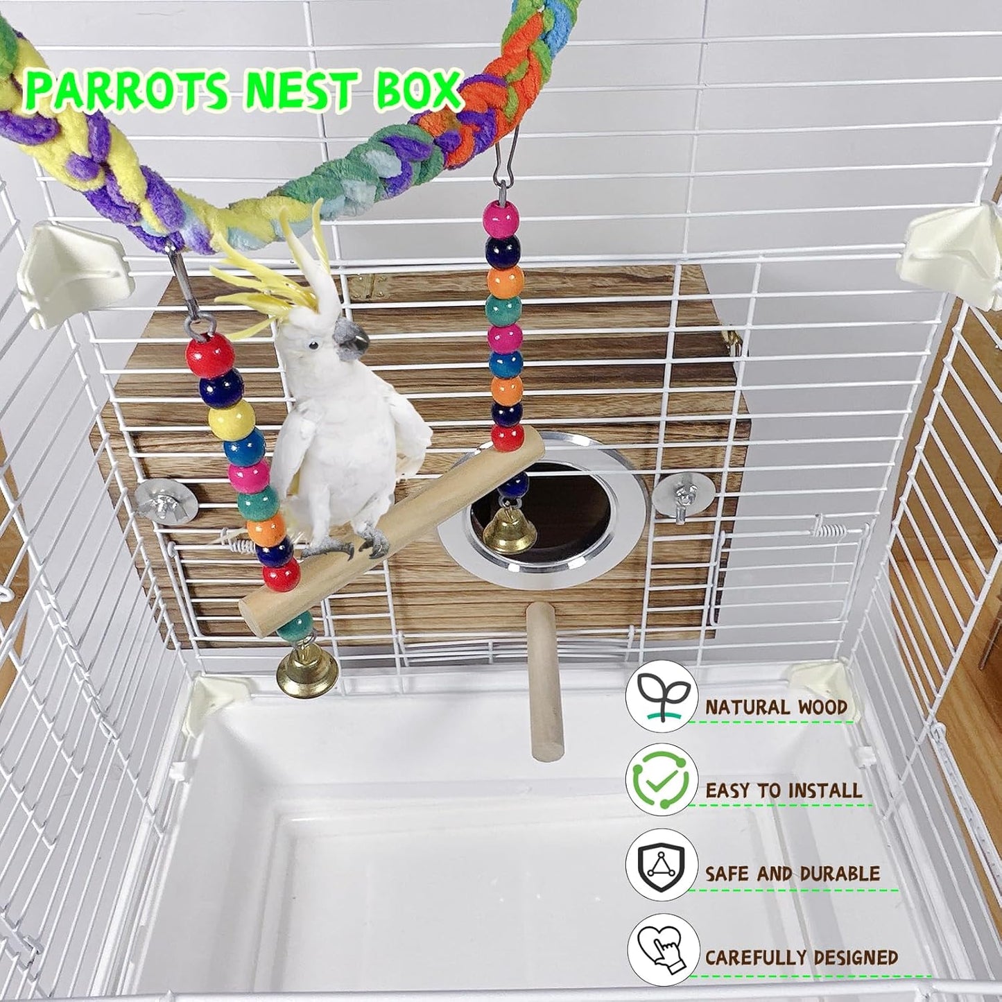 kathson Parrots Nesting Box Parakeet Nest House for Cage Budgie Breeding Hut with Coconut Fiber Bedding Wooden Bird Mating Box for Lovebirds Budgie Conure Cockatoo Cockatiel and Small Medium Parrots