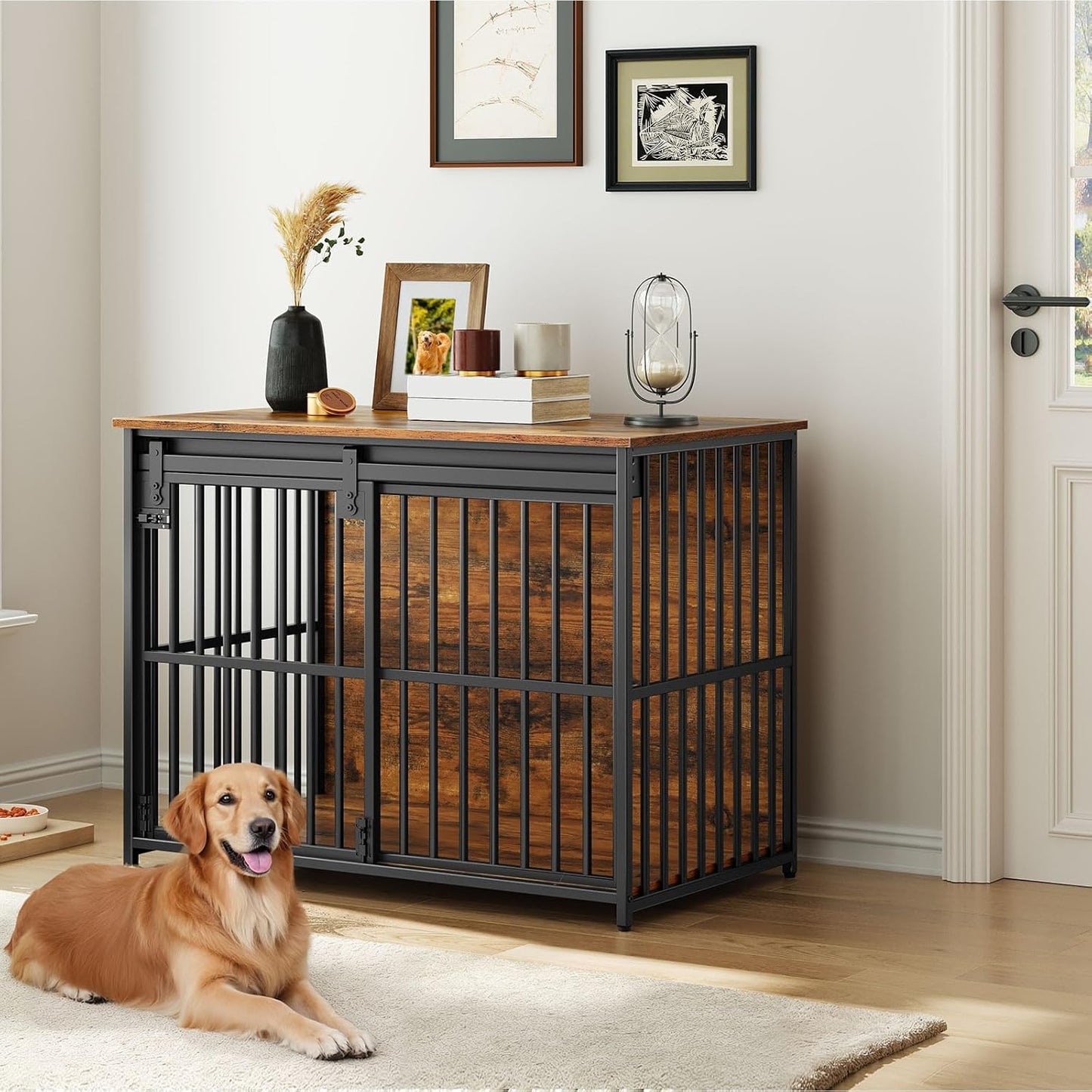 HOOBRO Dog Crate Furniture, 36.6" Heavy Duty Dog Kennel with Sliding Barn Door, Wooden Dog Cage Indoor, Decorative Side End Table for Small/Medium Dogs, Rustic Brown and Black FG162GW03G1