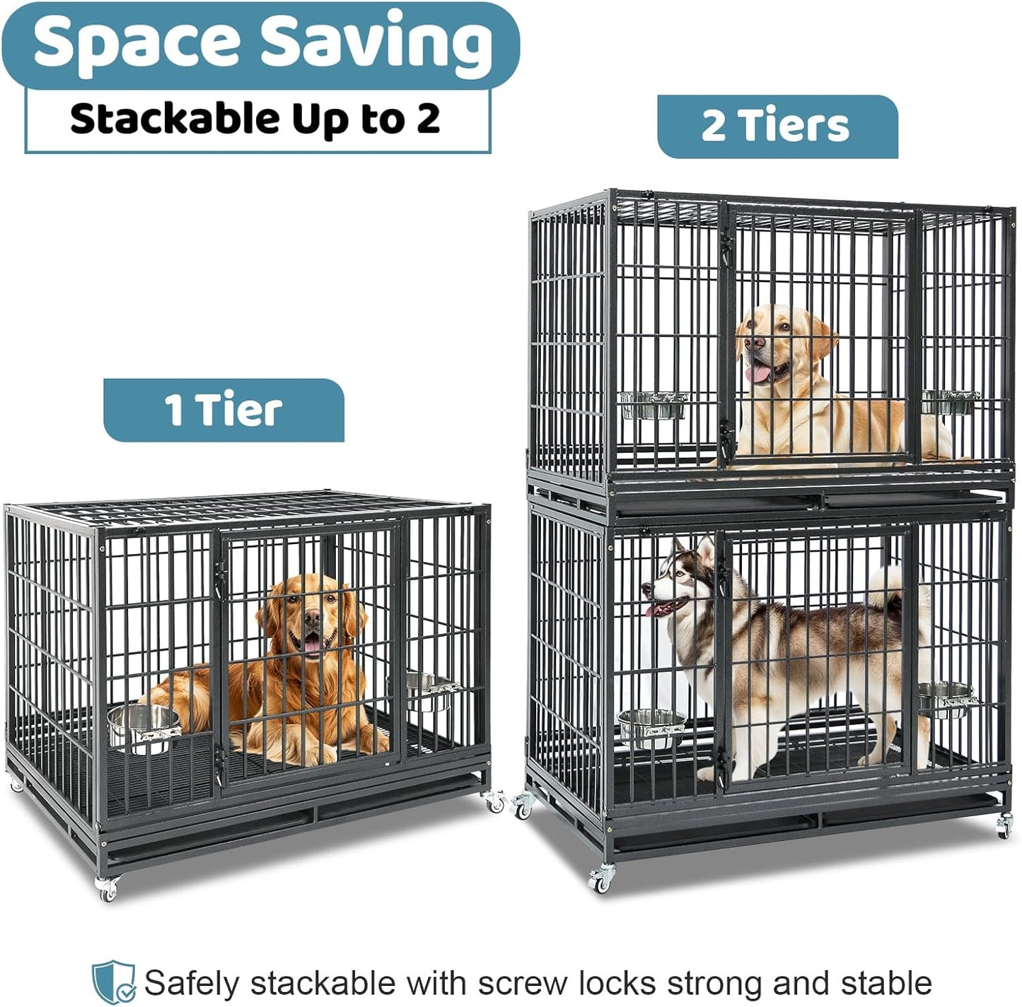 48 Inch Heavy Duty Dog Crate, Indestructible Escape Proof Big Cage for High Anxiety Large Dogs, Stackable & Collapsible XL Dog Kennel Indoor with Wheels,Dual Trays,Adjustable Bowl,Top Access