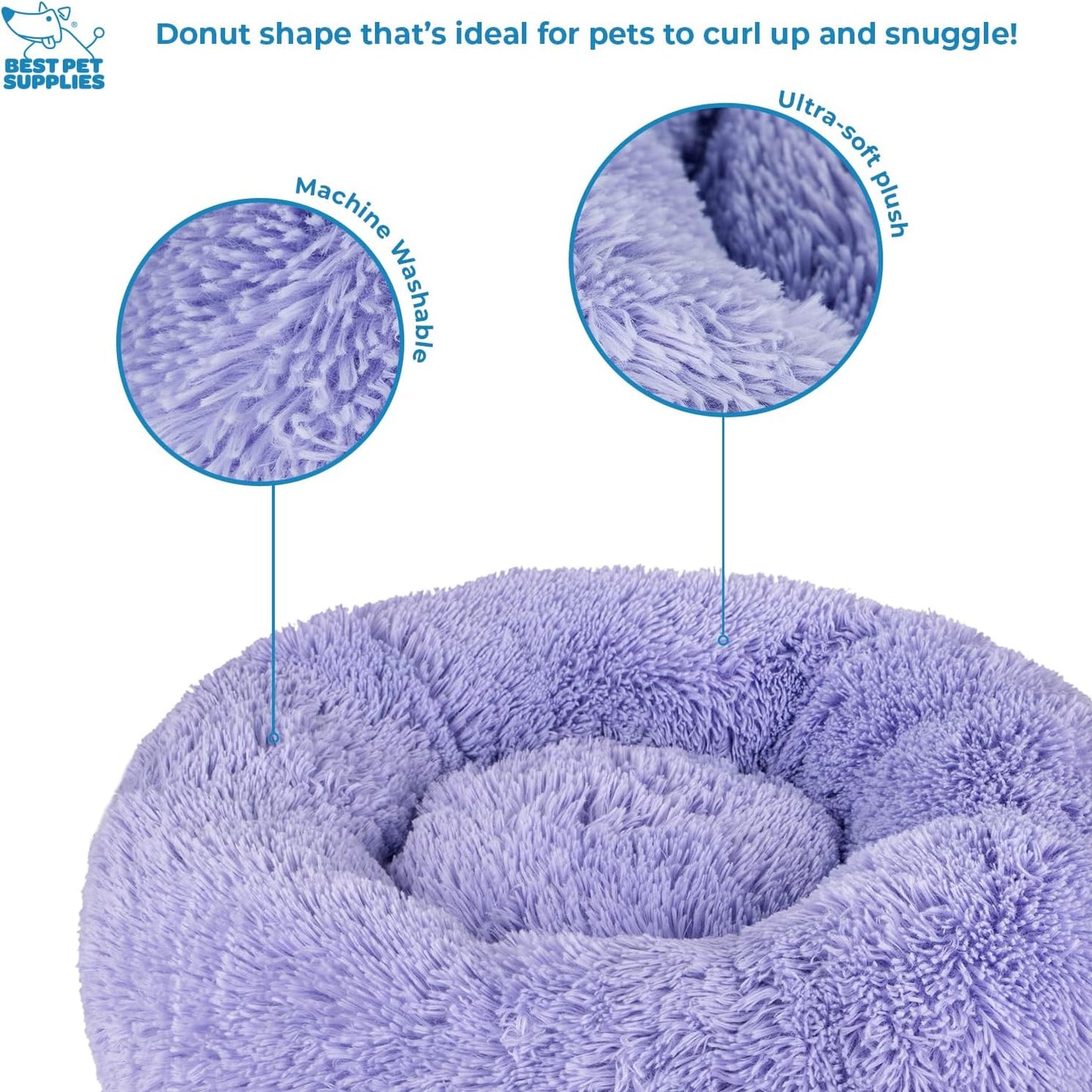 Best Pet Supplies Round Donut Dog Bed with Plush Faux Fur Fabric, Calming, Anti-Anxiety Cushion for Indoor Pets, Slip-Resistant Base, Soft Ergonomic Support - Lavender, 20x20x6''