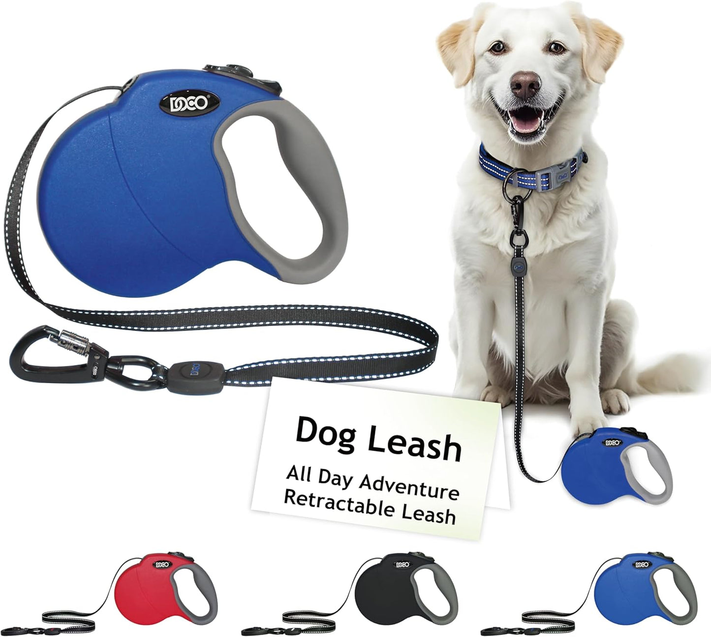 DOCO Retractable Dog Leash for Large Dogs (Length - 16’, Weight - Upto 45lb) Reflective Tape Lead with Stop and Lock Control, Tangle Free 360° Swivel Snap & Anti-Slip Grip (Blue, Medium)