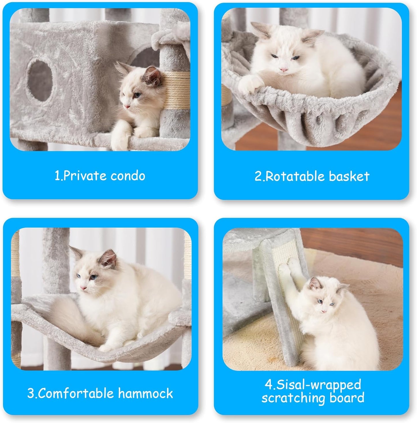 Hey-brother Cat Tree, 69.3-Inches Multi-Level Plush Cat Tower for Indoor Cats with Large Top Perch, Extra Spacious Hammock, 2 Hammocks Ramp, Hanging Ball, Light Gray MPJ037W