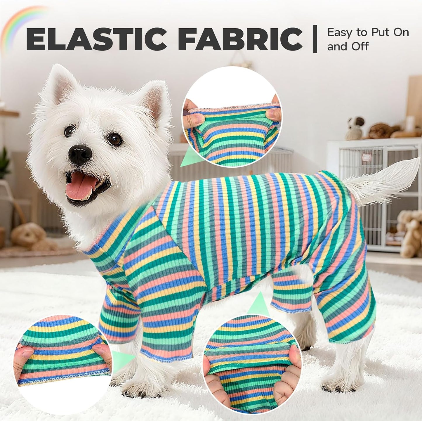 BAEJMJK Striped Dog Pajamas Stretchy Cute Four-Legged Boy Girl Dog Clothes with Sleeves Comfortable Dogs Jumpsuit Colorful Pet Puppy Outfits Apparel for Small Medium Dogs Cats(Green,X-Small)