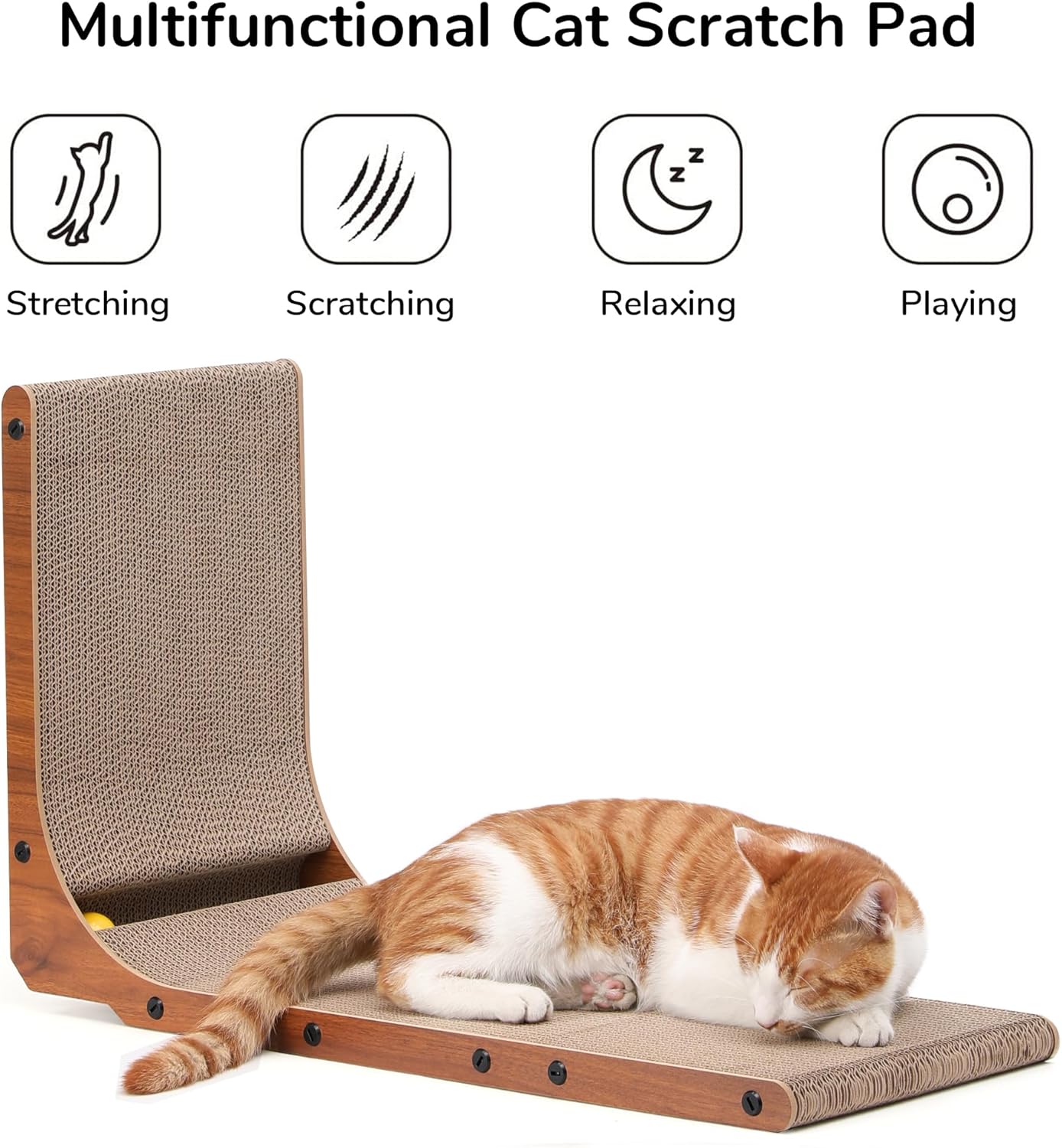 FUKUMARU Cat Scratcher, 26.8 Inch Cat Scratch Pad for Indoor Cats, L Shaped Cardboard Vertical Cats Scratching Board with Ball Toy, Walnut Color, 1 Pack
