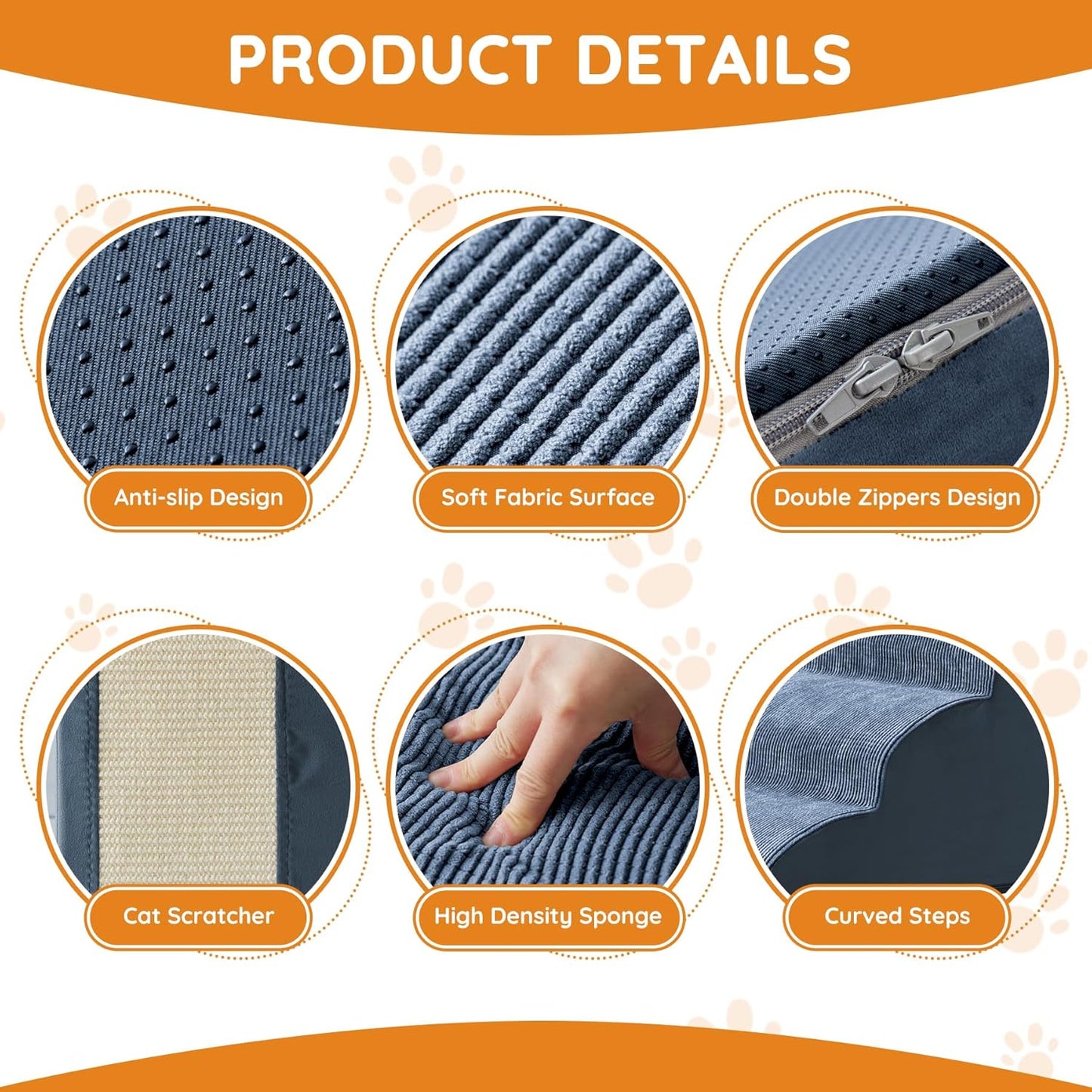 Navy Portable Pet Steps - 4-Step Dog & Cat Ramp for Bed, Couch, Sofa & Chairs - Non-Slip, High Density Foam