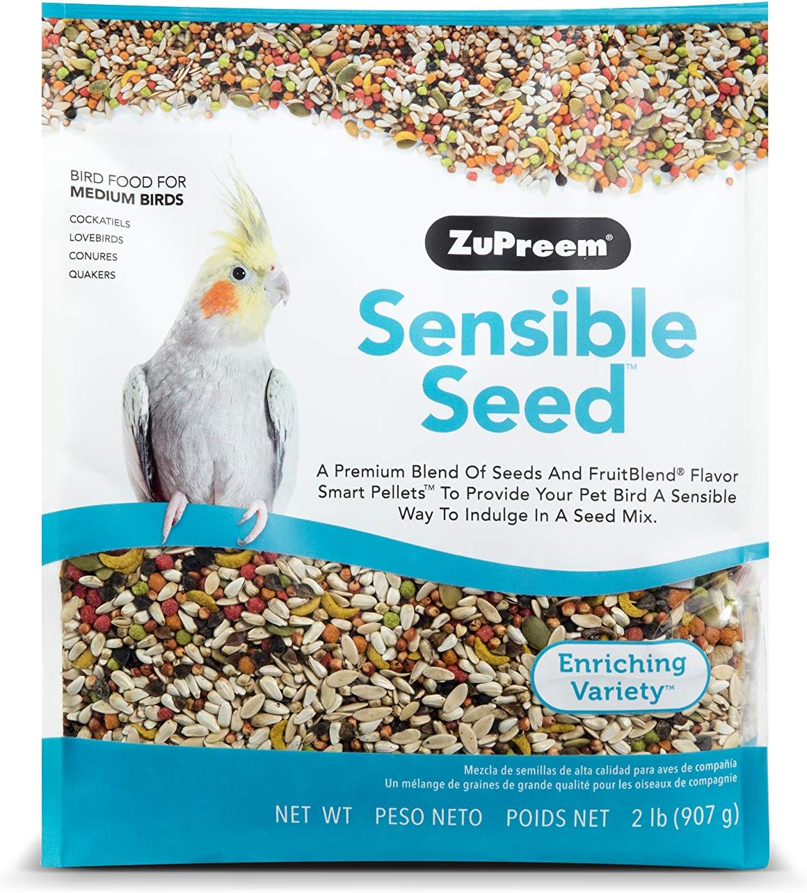 ZuPreem Sensible Seed Bird Food, Cockatiel, Lovebird, Quaker, Small Conure, Seed and Pellet Blend for Medium Birds, Food Mixer Topper, Enriching Variety, Made in the USA, (M, 2 lbs)