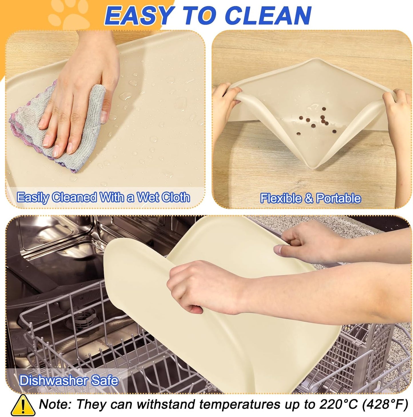 Silicone Pet Feeding Mat with Raised Edge for Food and Water, Dog Bowl Mats, Cat Bowls Placemat with High Lip for Floor Waterproof, Rubber Tray for Cats and Dogs 22 x 14 x0.8 White Sand