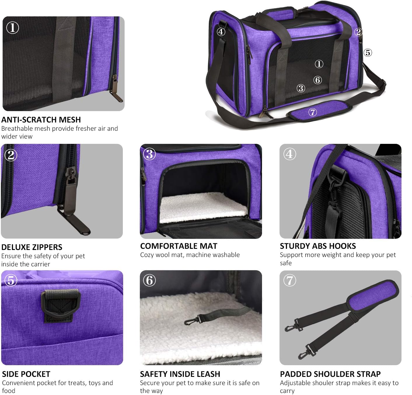 Large Cat Carriers Dog Carrier Pet Carrier for Large Cats Dogs Puppies up to 25Lbs, Big Dog Carrier Soft Sided, Collapsible Travel Puppy Carrier - Large - Purple
