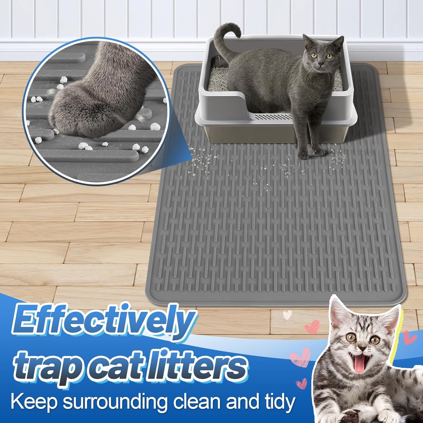 Easy Clean Silicone Cat Mat for Litter Box - 33.7" x 22" Waterproof Non-Slip Kitty Litter Trapping Mat for Protecting Floor, Less-Mess Food Water Mat for Indoor, Gray