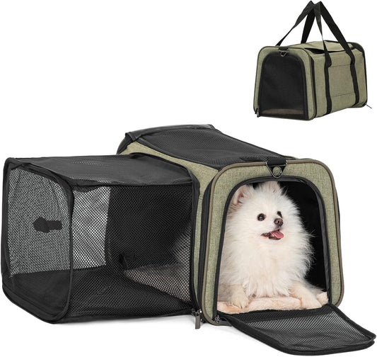 Petsfit Top Load Expandable Dog Carrier for Small Dog, Medium Cat, Or 2 Small Cats with Comfy Pad, Escape Proof, Easy Storage, Washable, Fit for Vet Visit and Outdoor, 19"X12" X12", Green