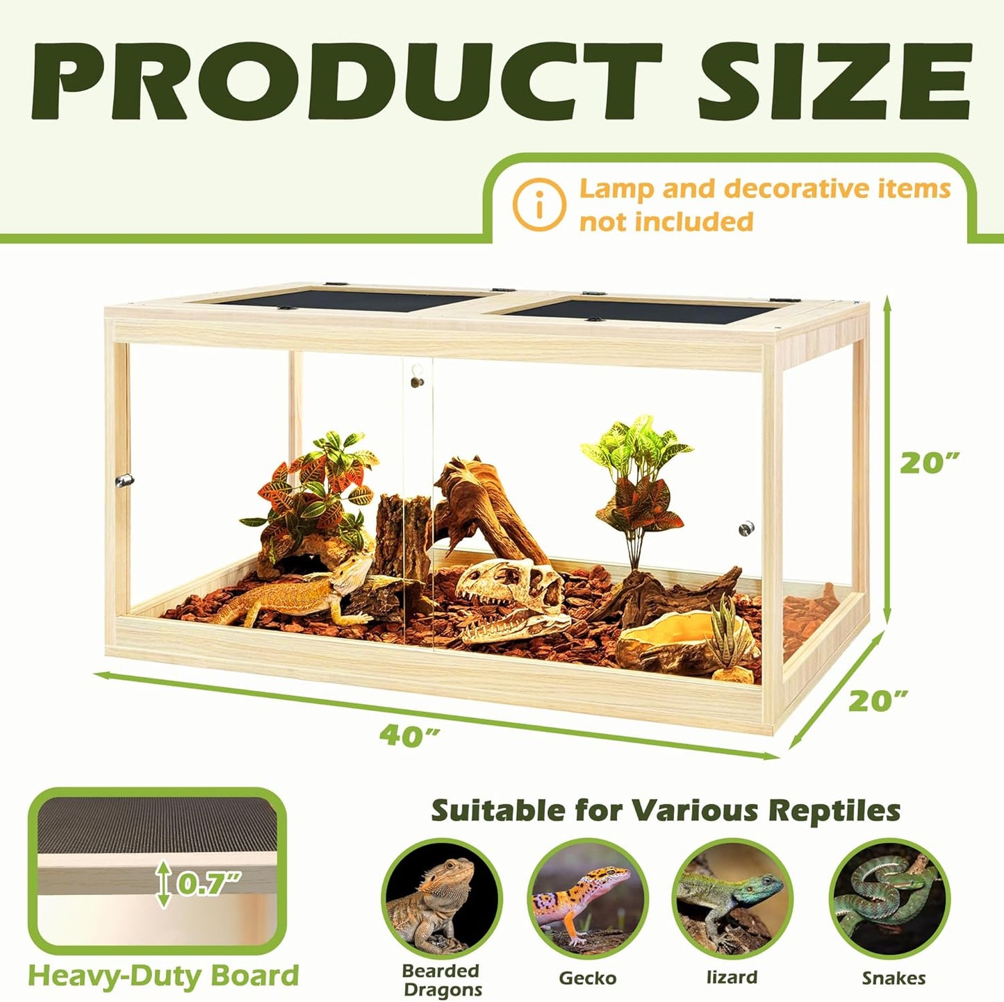 Prolee Tempered Glass Bearded Dragon Tank 63 Gallon, Lizard Tank, Reptile Tank with Metal Mesh Roof Door, Snake Tank with Lock Design, 40" Long, Oak