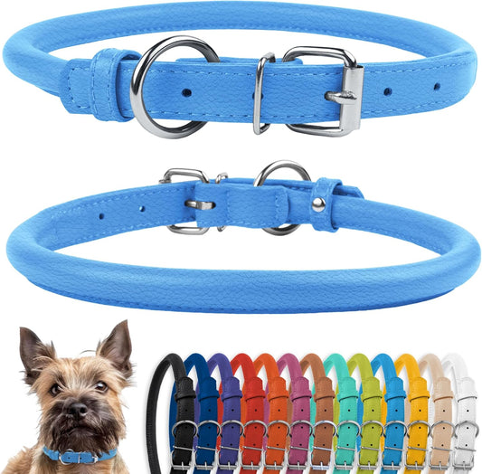 CollarDirect Rolled Leather Dog Collar, Soft Padded Round Puppy Collar, Handmade Genuine Leather Collar Dog Small Large Cat Collars 13 Colors (6-7 Inch, Light Blue Textured)