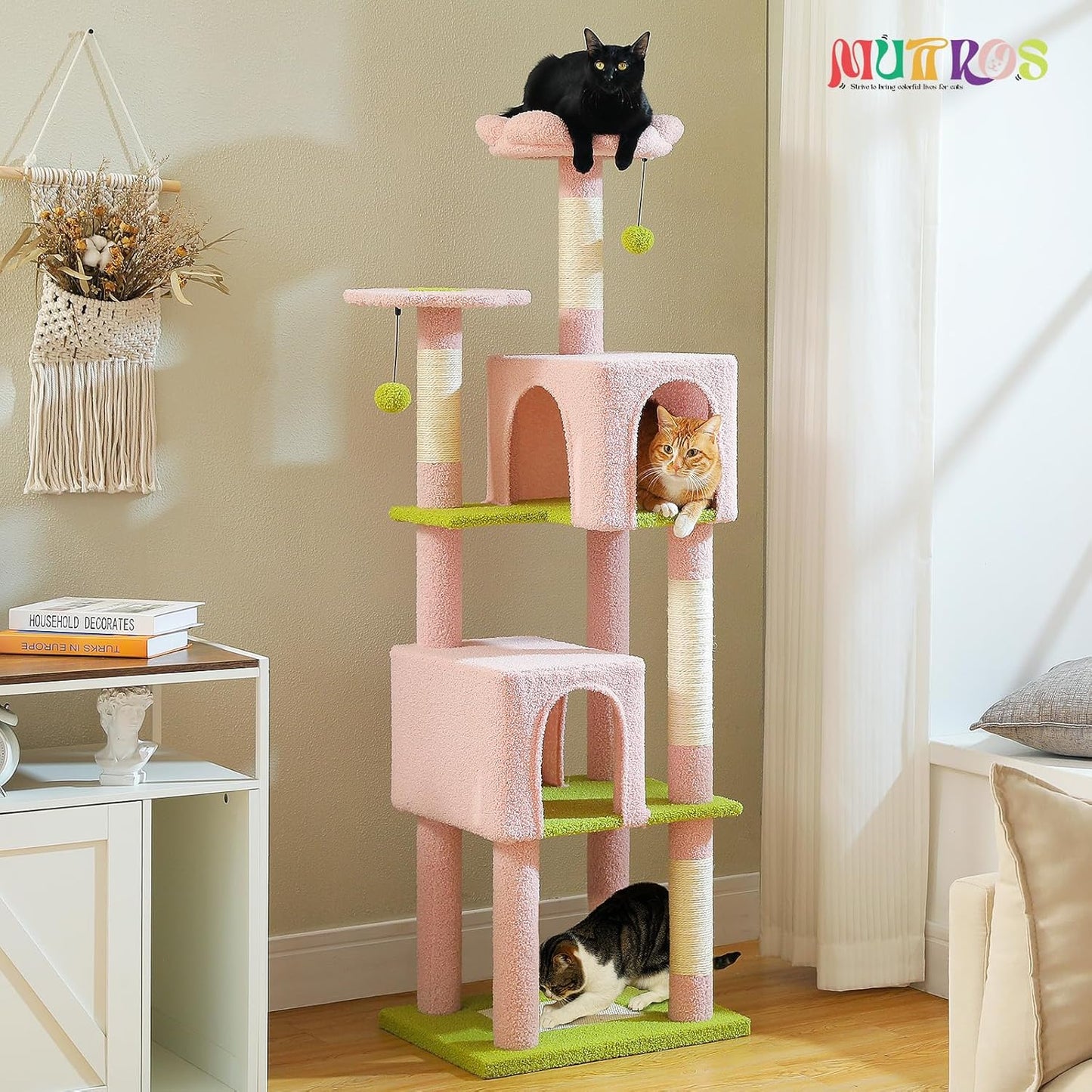 Flower Cat Tree, 62-Inch Large Cat Tower for Multi-Cat Households w/Scratching Posts, Multi-Level Cat Condo w/Cozy Top Perch & Scratching Pad, Padded Platform, 2 Pompoms, Pink