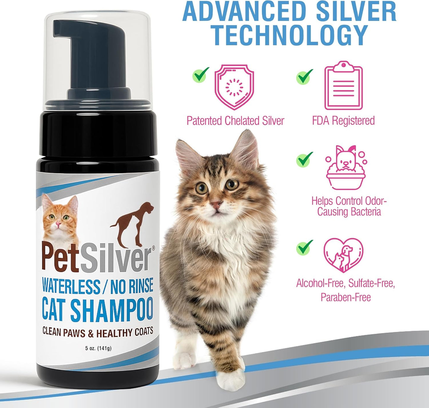 PetSilver Waterless Cat Shampoo - No Rinse Bath & Dry Shampoo for Cats - Long-Haired & Sensitive Skin - Cleans, Conditions & Moisturizes - Hypoallergenic & Fragrance-Free - Patented Formula - 5 fl oz