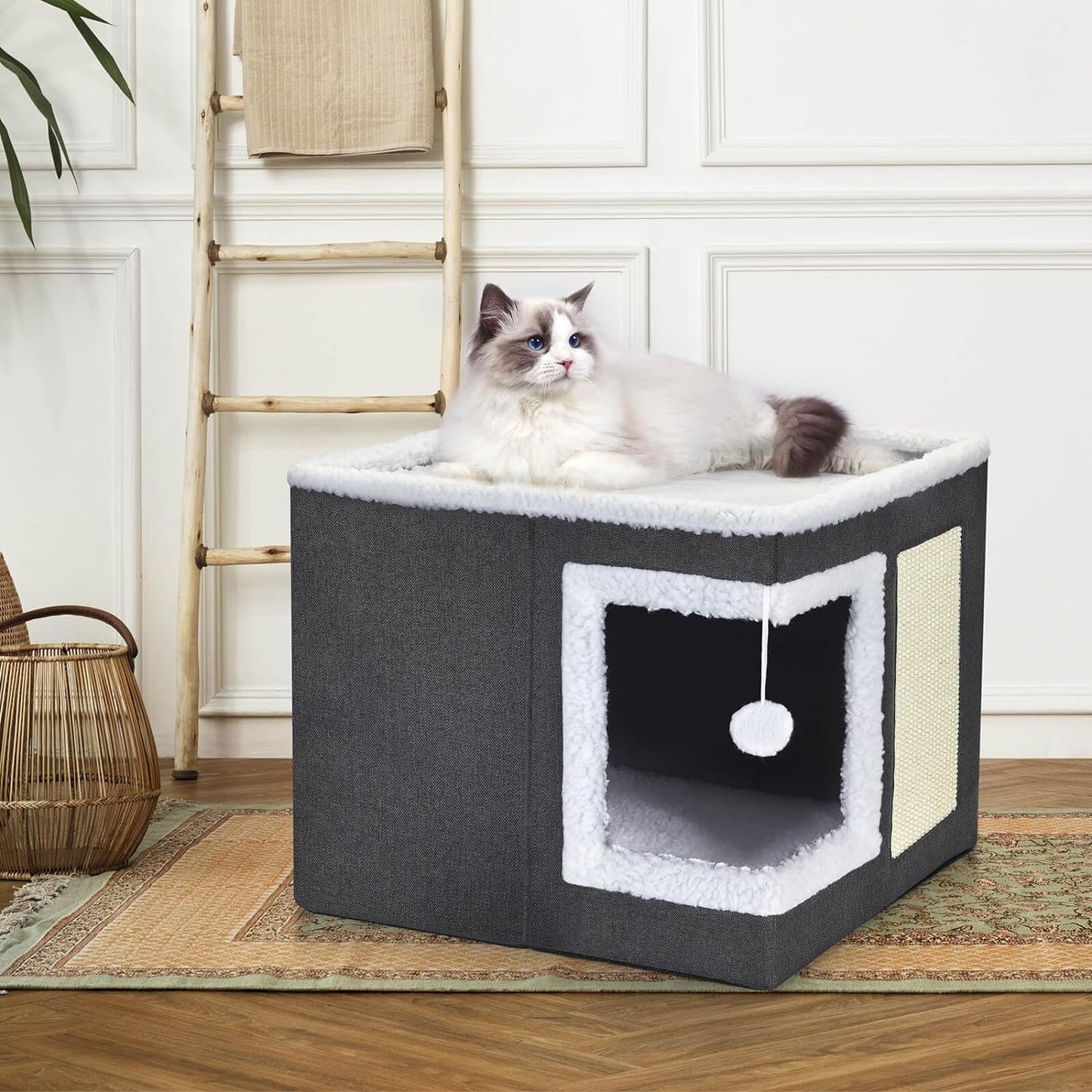 petizer Cat Bed for Indoor Cats, Large Covered Cat House with Scratch Pad, Foldable Cat Cave Bed & Hideaway Cube with Reversible Cushions, Cute Cat Condo for Multi Small Pet Kitten (Dark Grey)