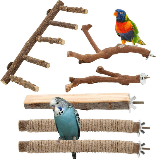 Bird Ladder Perches for Cage, Pole Standing Natural Wood Birds Perch Set, Climbing Chewing Toys, Paw Grinding Fork Parrot Cage Branch with Rope for Macaw Budgie Lovebirds